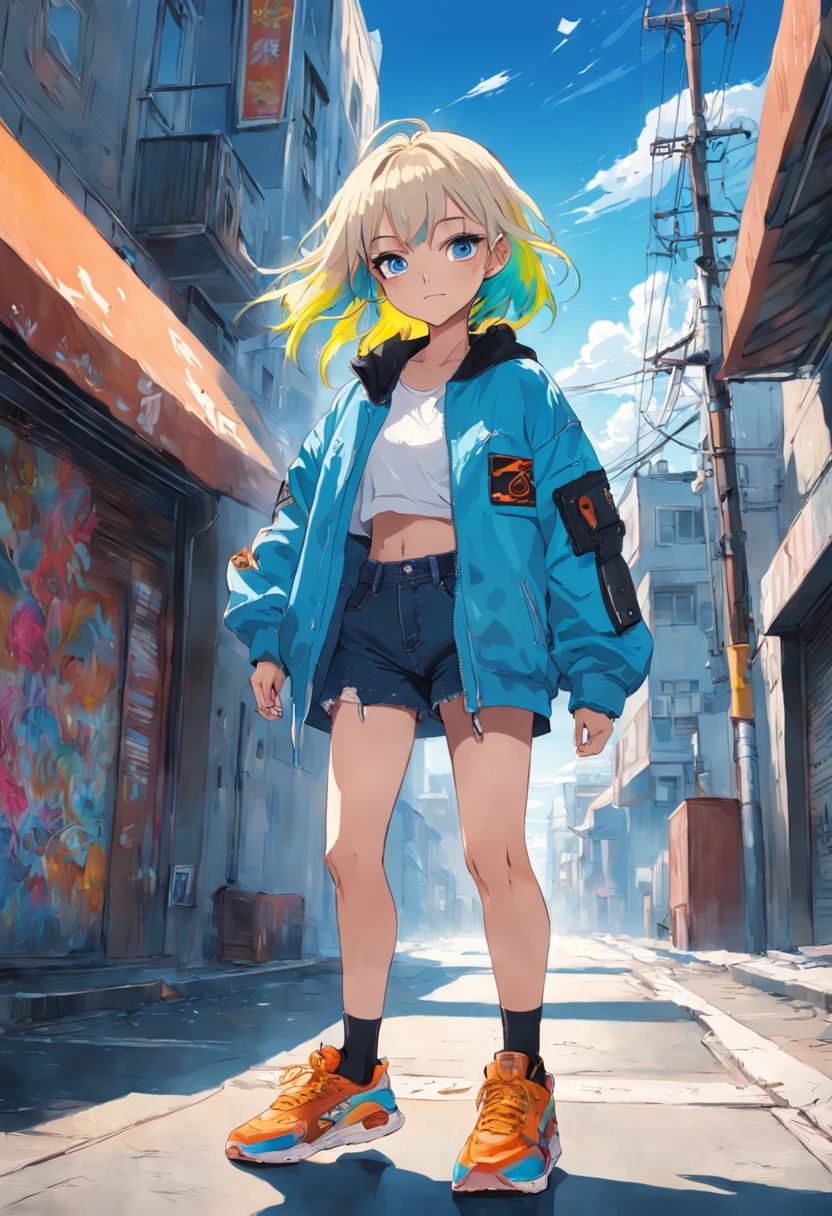 (high high quality, Breathtaking), (Expressive eyes, Perfect face), Young girls, Dye hair short, Smiling, Jacket, Jeans, Colorful sneakers, urban surroundings, Sunshine, Blue sky, Shine, Glow, Street style, Modern tailoring, Cool style, trippy art