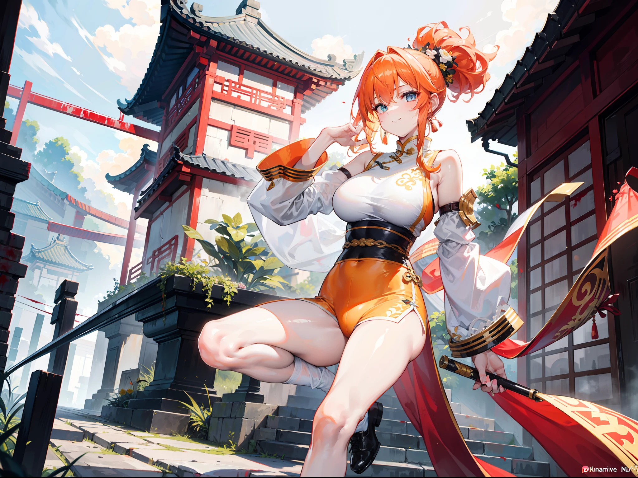 Beautiful girl with orange-yellow hair color,curlies,High ponytail,short detailed hair,Wearing an antique white long-sleeved training suit,A knife hidden in his clothes,open waist,Long white socks,Black leather shoes,assassins,Sunny smile,Tall and tall,Standing in an ancient Chinese courtyard full of corpses' blood,dark stormy clouds,China-style,huge tit,抖S,Full body photo,Extremely thin,extremely hyper,Long white socks,assassins,The legs are very thin,Best quality at best,High- sharpness,tmasterpiece,A sword stained with blood in his hand,His body was covered in blood,Sick,Heterochromic pupils,morbid,murderer,extremely hyper,His body was covered in blood,The chest is extremely large,Thin body,Wearing an antique white long-sleeved training suit