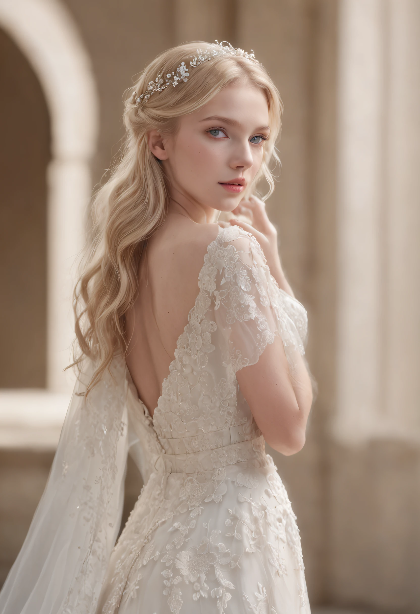 1 beautiful girl, full body, standing photo, white wedding dress, soft dress, stand in front of a palace building, blond hair, blue eyes, wavy hair, masterpiece, diffuse soft film lighting, portrait, best quality (perfect face:1.4), ultra-realistic highly detailed intricate realistic simulation style photo sharply focused on eyes, cinematic lighting, studio shot, gorgeous pose