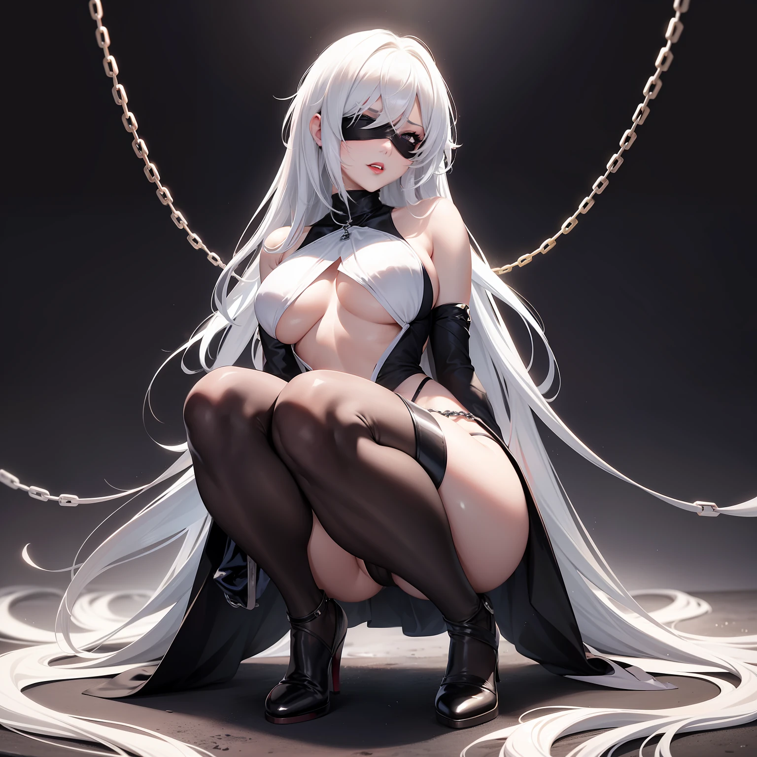 Blindfolded eyes, Hanging with a chain, squat with your legs wide open, High image, Super Detail, High resolution, Anime, Manga, Illustration, Intelligent beauty, make up, Ecstatic expression, Amorous expression, Seductive look, Flowing layered Messy White Gloss Medium Short Wavy Hair, Seductive moist red lips, Large breasts, under the boobs, sideboob barbosa, great proportion, perfectly proportions, slender, Full body