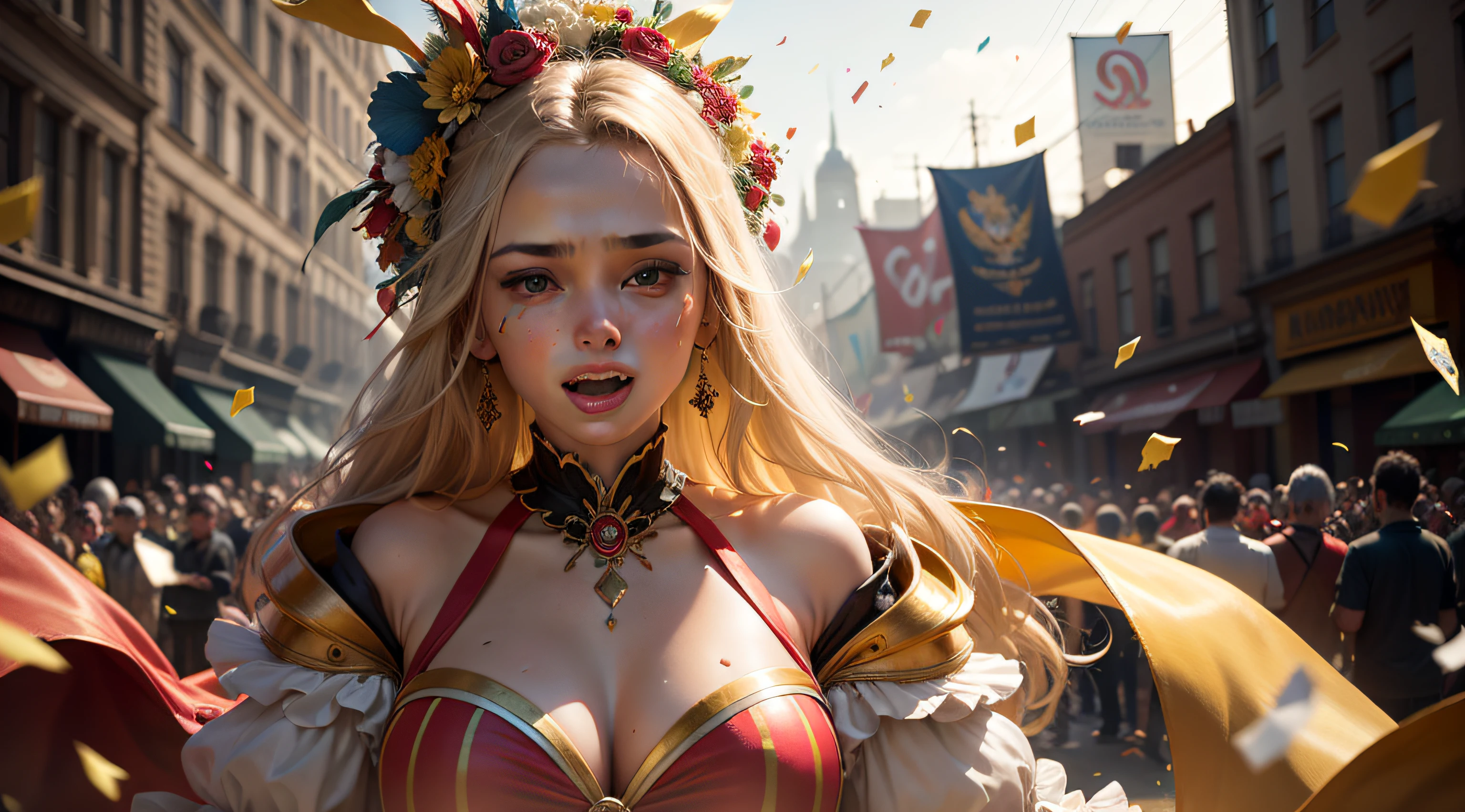 panoramic of a carnival parade, in the foreground confetti falls on the woman queen of the carnival, 8k, Hyper realistic, high resolution, high detail, yellow and red colors