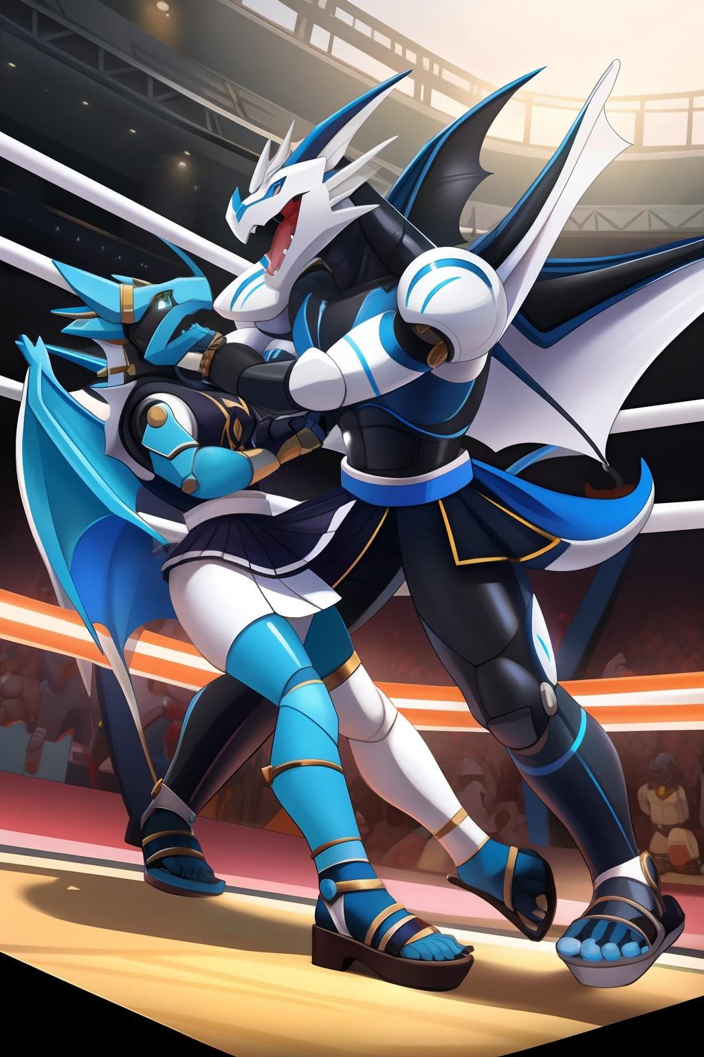 Robo Dragon,deep blacks,White belly,Blue back,White wings,white skirt,sandals,Fight in the ring