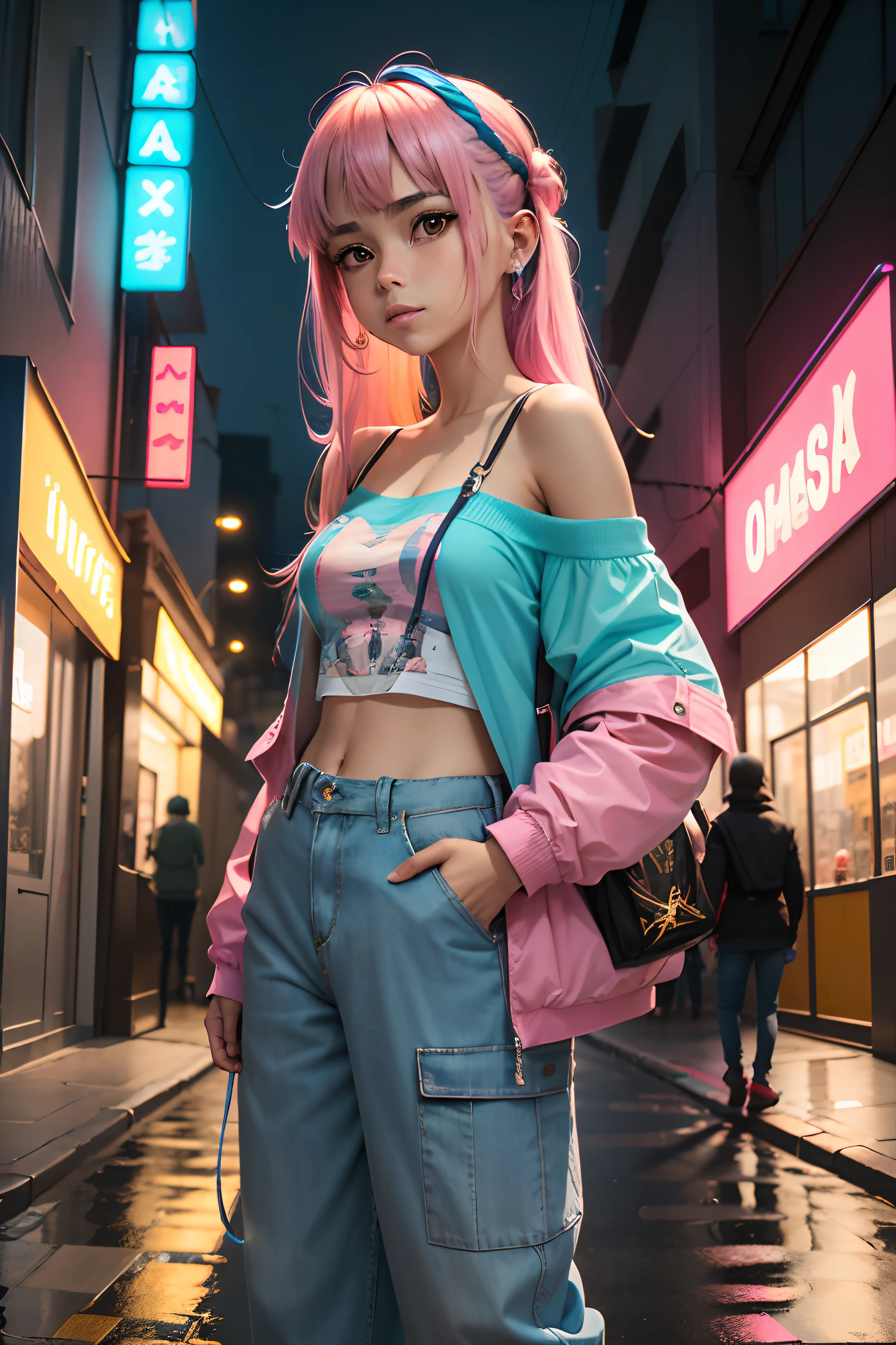 (Obra maestra, 4k ,Ultra detallado:1.2),(anime:1.2),illustration,(realista:1),(fotorrealista:1),
(solamente:1.2),
(andante:1),
(panorama,perspectiva:1.4),(mutante:1.2),
(Paisaje,al aire libre,Paisaje urbano,Noche,Medianoche,azotea,cyberpunk,asfalto,lluvia,Arte del graffiti,reflecion,tienda,quiosco,acera,street alley:1.2),(Rascacielos,diente:1.4),
(pedestrian,muchedumbre,gente:1.3),
(neon sign,blue neon,pink neon,Yellow neon:1.4),
(off-shoulder neon trench coat,camiseta,pantalones cargo,Zapatillas de deporte:1.3),
(cabello blanco platino:1.2),(mutante:1.4),(varios colores de cabello),