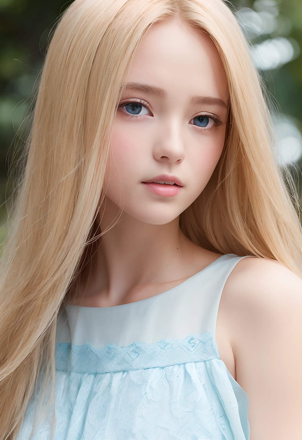 RAW Photography、(((Portrait of extreme beauty)))、((Glowing white skin))、女の子1人、18-year-old pretty beautiful girl in Prague、((Lustrous light natural blonde hair))、[blue eyess]、silky fine hair、stright long hair、eye liner、bangss、Hair between the eyes、Fluttering hair、A slight smil、((​masterpiece、top-quality、ultra-detailliert、Film Light、intricate-detail、hight resolution、8k、ighly detailed))、细致背景、8k uhd、Digital SLR、Soft Light、hightquality、Film Grain 、Shallow depth of field、natural soft light、（perfect hand）、Perfect beautiful face、Ruffled Clothes