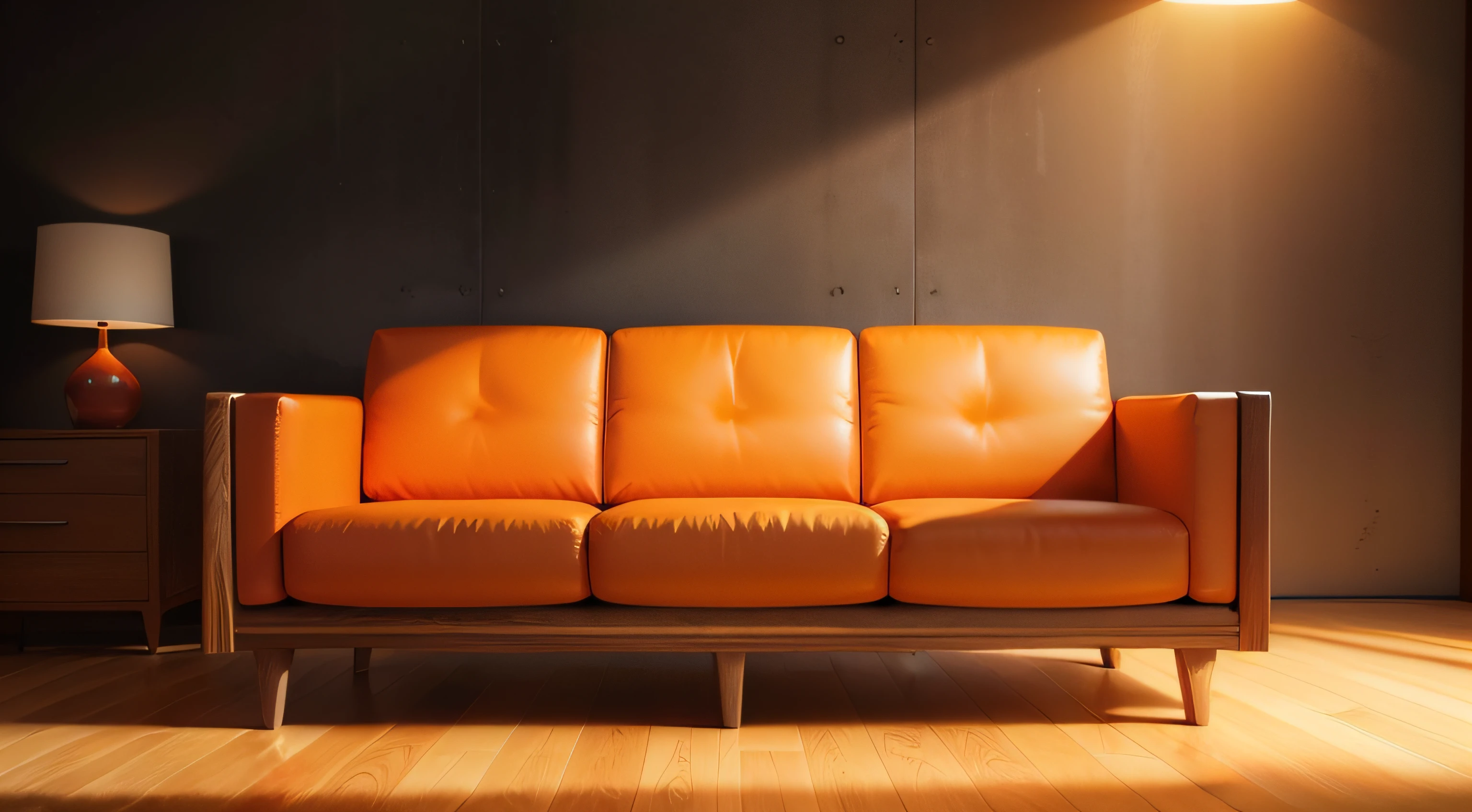 Orange sofa close-up,Wood-colored flooring,well-illuminated,Realistic and realistic