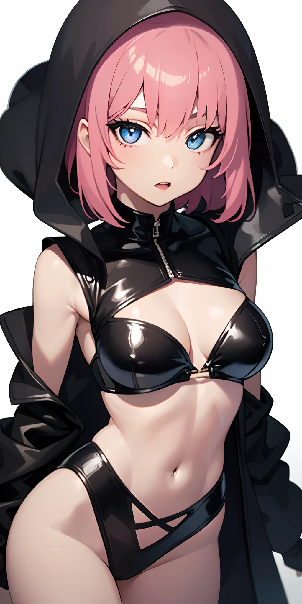 1girl, anime, cute girl, rogue, blank background, white background, fantasy, very detailed dark leather fantasy outfit with highlights, beautiful face, beautiful eyes, dark colors, assassin, medium breasts, slight cleavage, beautiful skin, cute, pink hair, breast curtains, extremely delicate and beautiful, (beautiful detailed face:1.0), (detailed deep eyes), symmetrical breasts, deep eyes, steam, shiny skin, portrait, slender waist, hips wider than shoulders, thighs