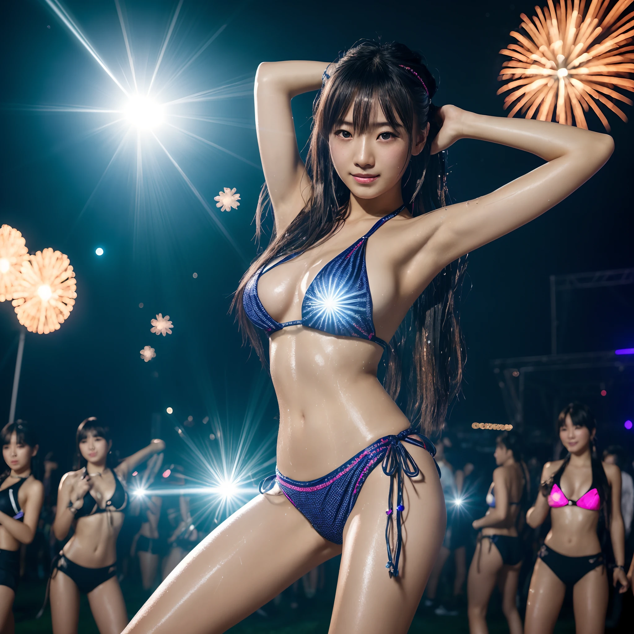 (in 8K、top-quality、超A high resolution、masterpiece:1.2)、(Photorealsitic:1.4)、(detailed skins:1.3)、18 year old beautiful Japan girl dancing sexy dance、(Detail Eye) 、1人、(Outdoor Rave Festival at Night)、(Background of many fireworks)、(The bikini)、(Sweaty skin:1.25)、long hair of light colors、A smile、LED Screen Monitor、stage lighrt、Lit up、Stage lighting、Laser beam、festival、Lens flare and high resolution texture GPT-3.5、Elaborate CG、cowboy shot、dynamic ungle、beautiful lighting、lighting like a movie、prisma、kirakira、(foco nítido)
