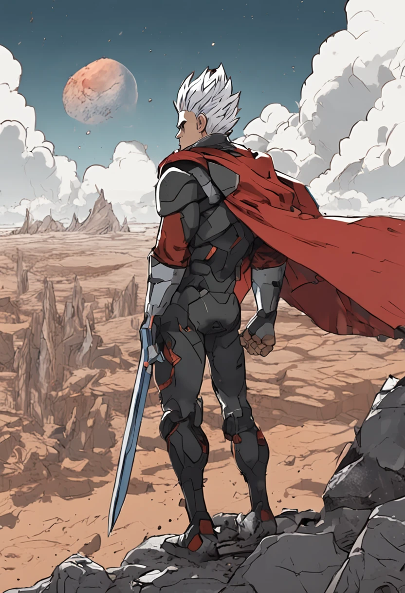 masterpiece, best quality, ultra-detailed, adult Vegeta 1boy, solo, super sayagin 5, full body, evil smile, gray hair, spiky hair, red eyes, dougi, full body, looking at the viewer, male focus, earth \(planet\), planet, space, cracked soil and rocks rising, rubble rising,
