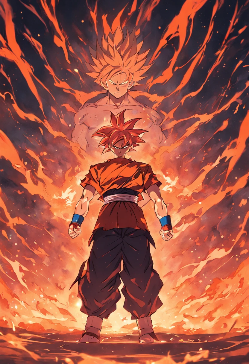 Design a gripping poster featuring Goku from "Dangon Ball" in a fit of rage. Capture the essence of his burning determination and unyielding spirit as he unleashes his wrath upon his enemies. Keep it short, bold, and intense to convey the raw power of Goku anger.