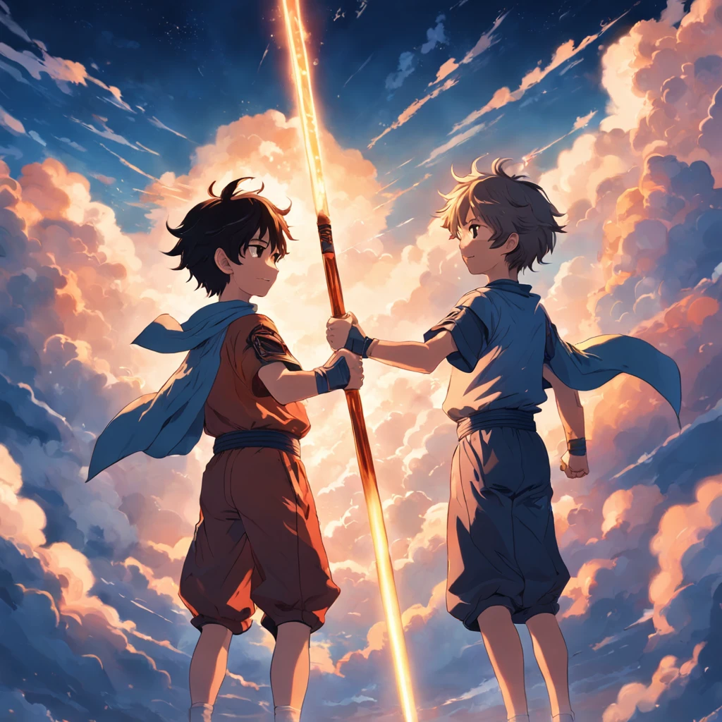 masterpiece, best quality, movie still, ((1boys)), cloud boys, floating in the sky, close-up, bright, happy, warm soft lighting, sunset, (holding baton), (sparks:0.7)