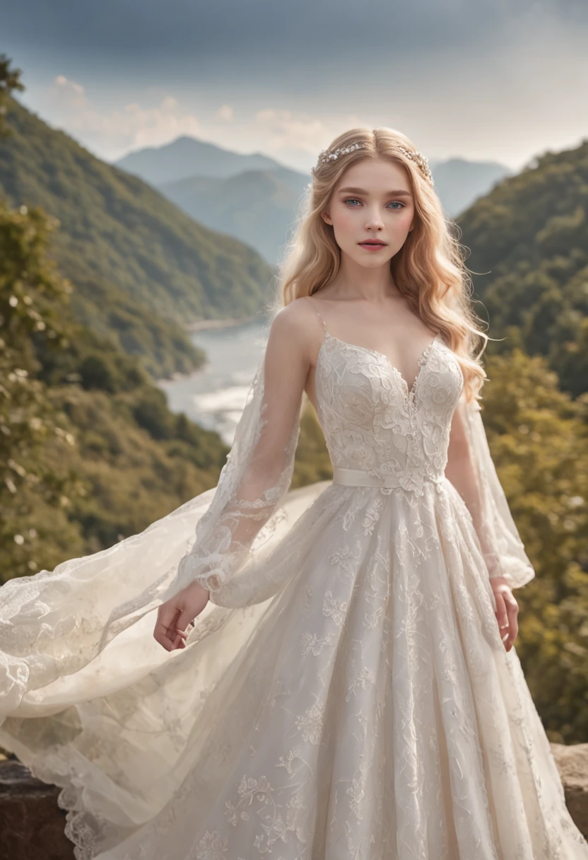 1 beautiful girl, full body, standing photo, white wedding dress, soft dress, stand in front of fuji mountain, blond hair, blue eyes, wavy hair, masterpiece, diffuse soft film lighting, portrait, best quality (perfect face:1.4), ultra-realistic highly detailed intricate realistic simulation style photo sharply focused on eyes, cinematic lighting, studio shot, gorgeous pose