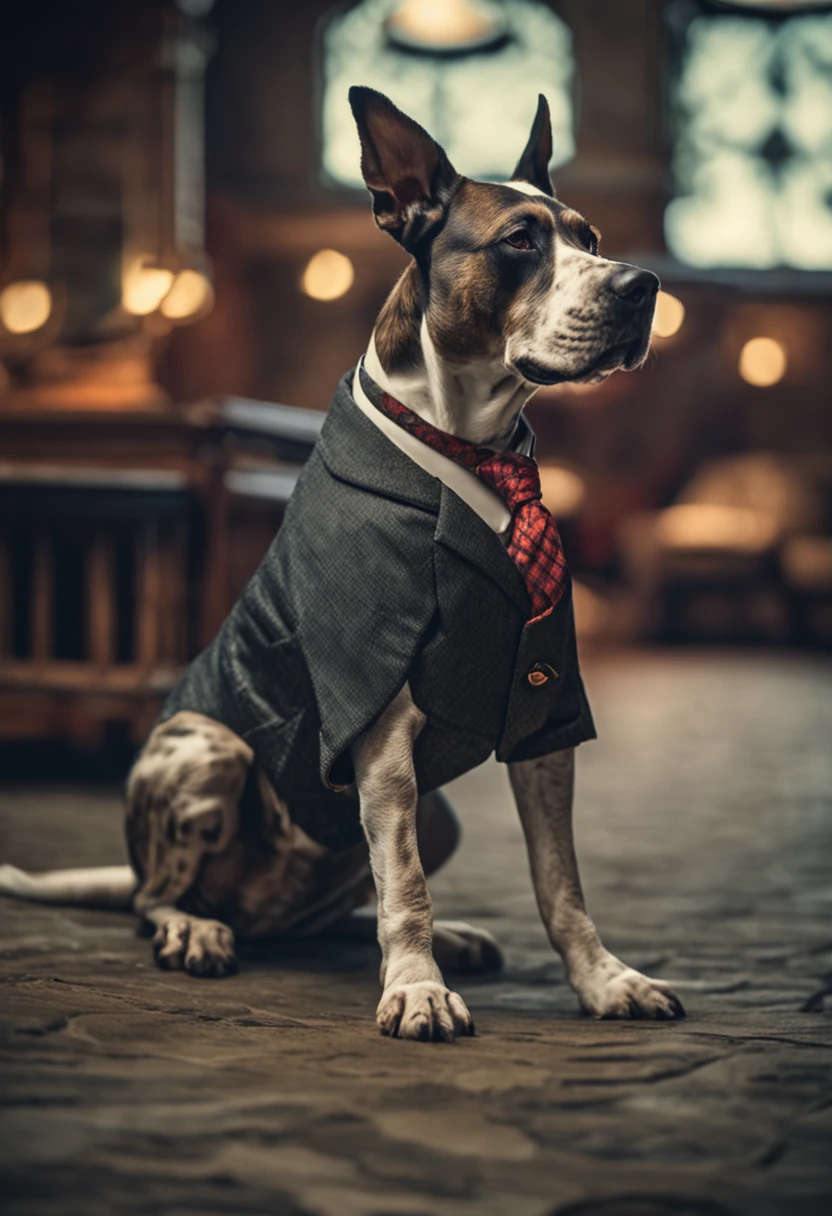 anthropomorphic dog, in a suit, smoking, lightroom, cinematic, hdr, raw, intricate, high quality, soothing tones, intricate details, low contrast