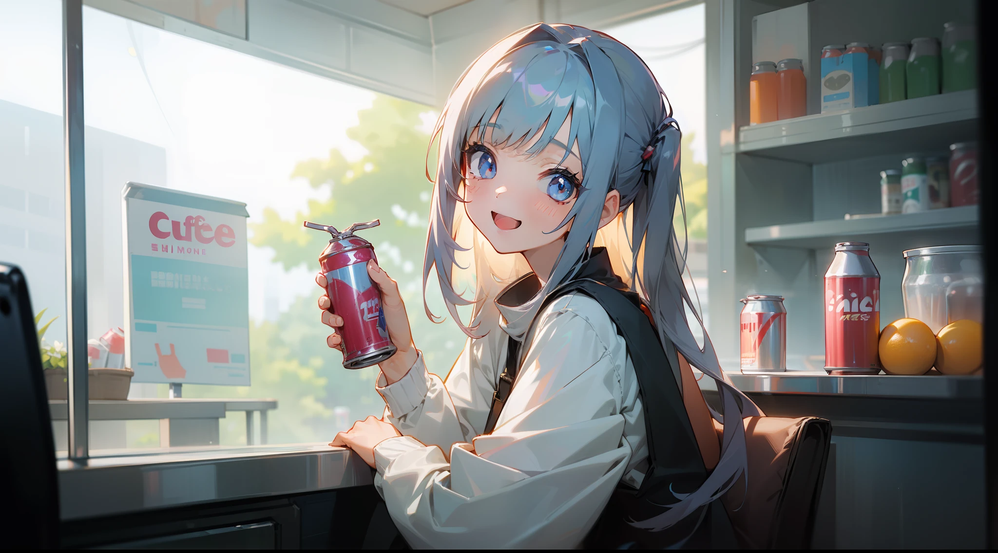 (1girl in:1.5),cafes、Inside the  shop、front facing,sitting in the seat、(((Holding a can of juice in one hand)))、、Mature Woman、、(Anime girl laughing facing this side)、20yr old、Upper body, mid-shot,(front facing)、silber hair、 femele, Detailed eyes, Bangs,Casual Costumes、Fashionable、A smile