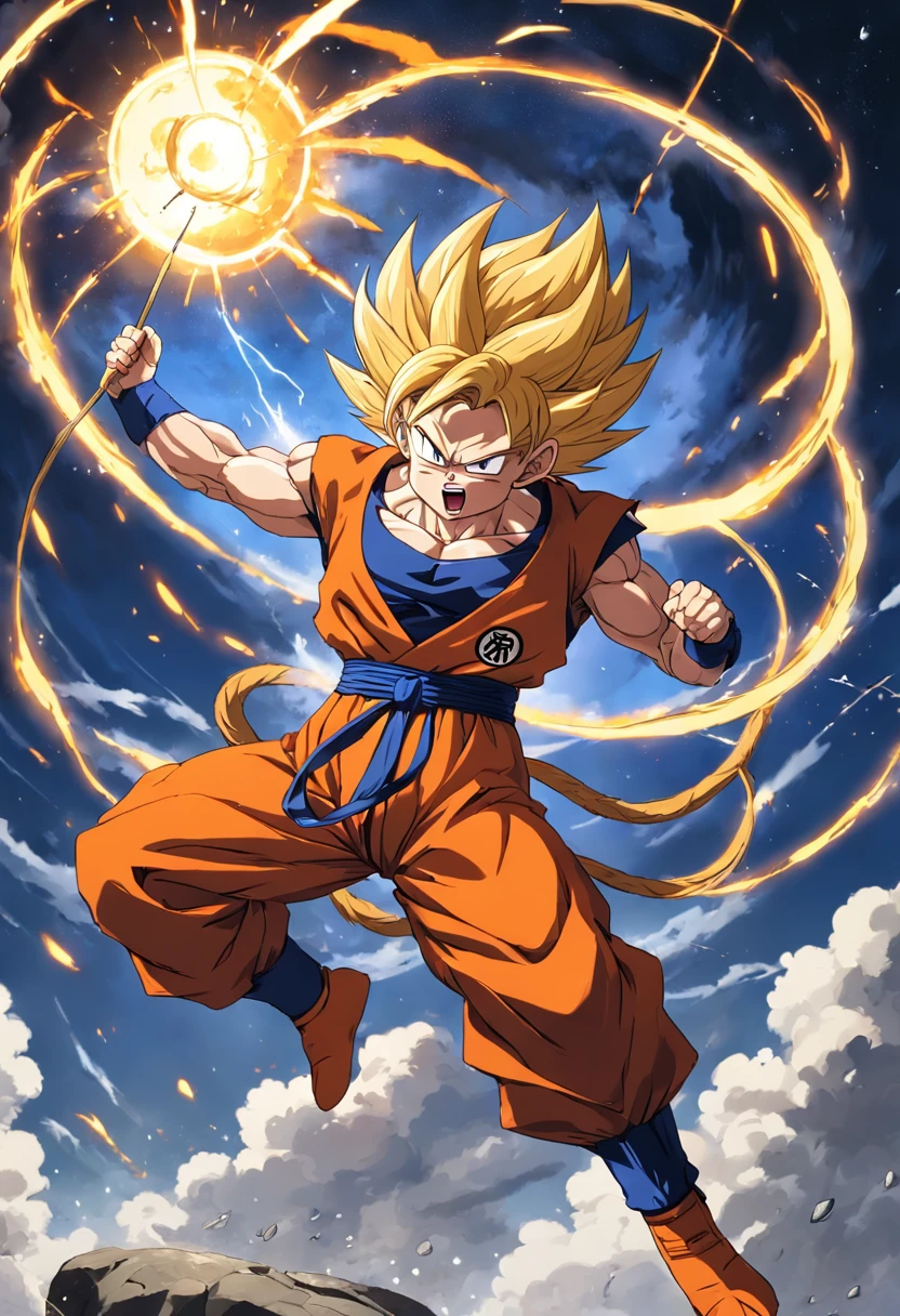 1 monkey, Wukong, Flying, Cloud, Golden Hoop Stick, Martial arts, Powerful, Muscular, pointy hair, orange gi, Weighted training clothes, saiyan, Super Saiyan, energy blast, Strong, Determined, Fighting, training, Martial arts tournament, dragonball, Flying rain needles, Kamehamehapo, Dragon radar, dragonball z, anime big breast, Action, Adventure, Epic battles, Transformation, Friendship, Loyalty.