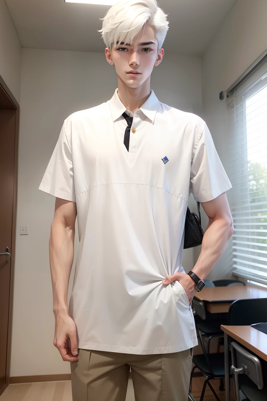 Boy student, 180cm tall, high school senior, Short hair, Handsome, White color hair