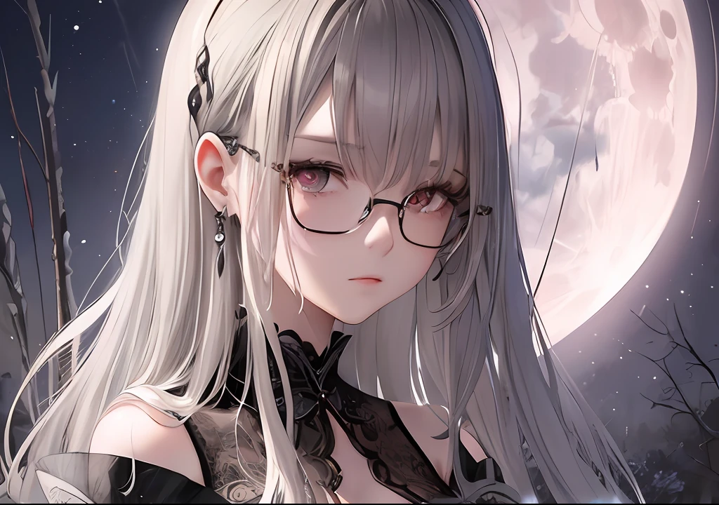 (masterpiece),((top-quality)),(offcial art),(Beautiful and indulgent:1.2),(1girl in:1.3),((wears glasses)),Facial expressions that close the eyes,Small breasts,((Gray-haired beauty)),breasts are small、BREAK,Beautiful woman in gothic dress,Twin-tailed,Detailed drawing。fullmoon,Vibrant colors。colourfull、viewersviewing,highestdetailed ((ultra-detailliert)),(Highly detailed 2D illustrations),((Extremely delicate and beautiful))Super Detail