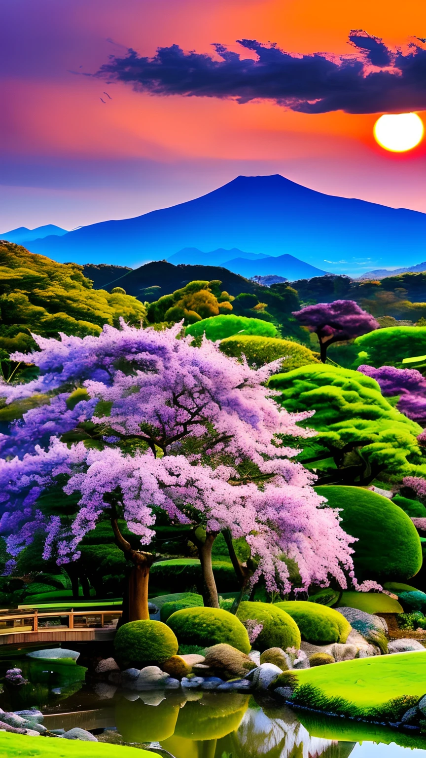mdjrny-pprct, japanese architecture, Sakura, wisteria, Flower Garden, mountains and rivers, Clouds (high detial: 1.2)、the setting sun、Evening glow、morning glow