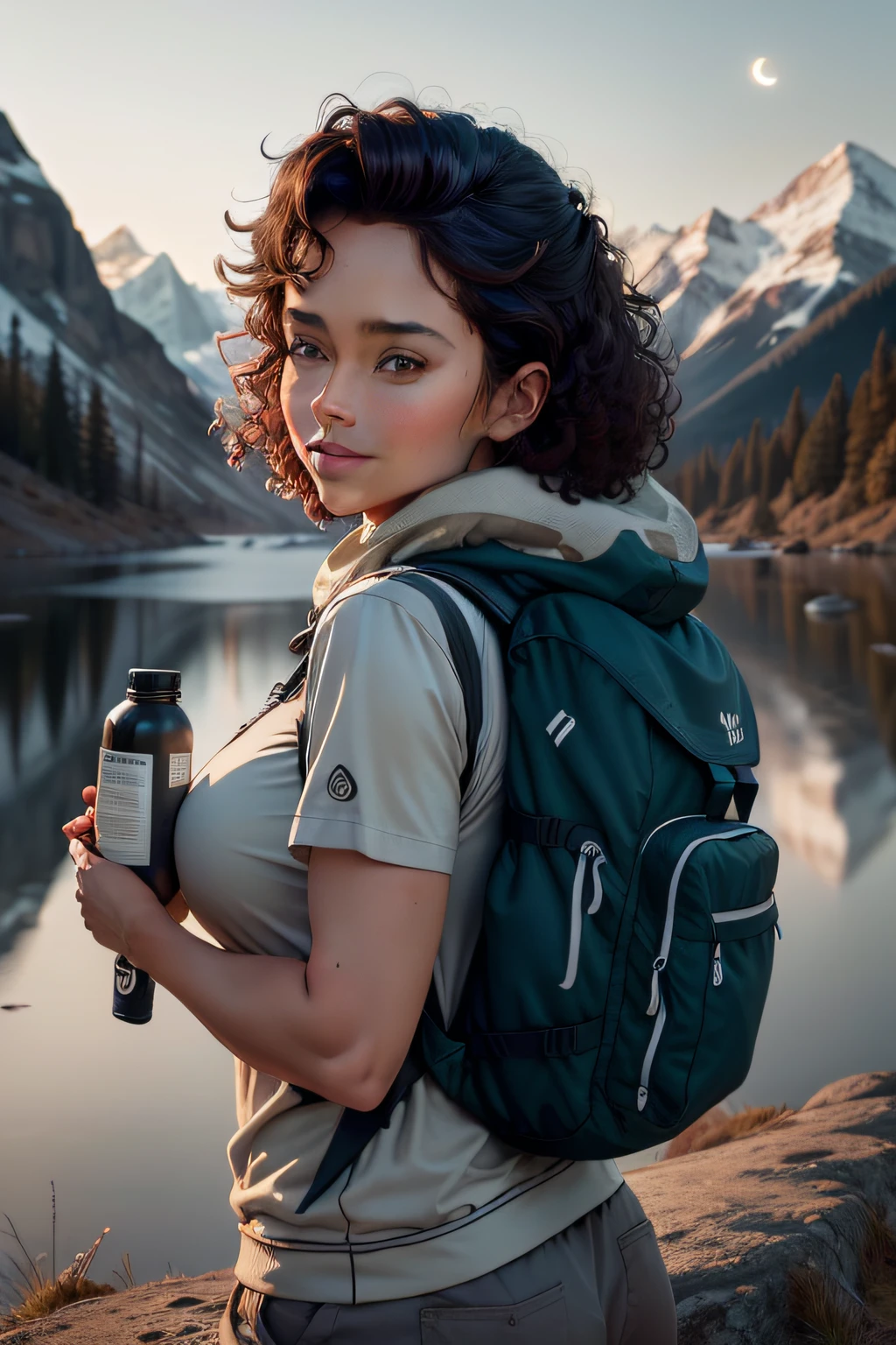 Beautiful woman of 50 years old, Hiking clothes, curlies, ((Full photo of the upper body, cheerfulness)), Masterpiece, Best quality, Super detailed, Solo, En plein air, (Night), Mountains, Nature, (stars, Moon) cheerful big breasts, cheerfulness, Backpack, sleeping bag, Camping stove, Water bottle, Mountain boots, mitts, Flashlight, forest, Rocks, River, tree, Smoke, Shadows, Contrast, Clear sky, analogue style (viewer look: 1.2) (Skin texture) (filmgrain: 1.3) , (a warm color palette, a warm color palette): 1.2), Close-up, Cinematic light, Side lighting, Ultra-high resolution, Best shadow, primitive, Upper body