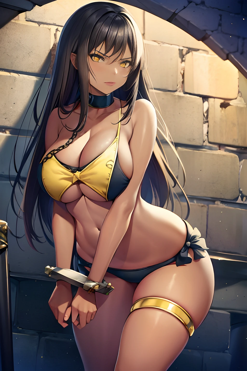 masterpiece, detailed, best quality, beautiful girl, school swimsuit, shackles, stocks, troubled face, dark dungeon, (prison), legend of queen opala, 1girl, osira (character), black hair, darkskinned female, yellow eyes, blunt bangs, big breasts, amused expression, looking at viewer