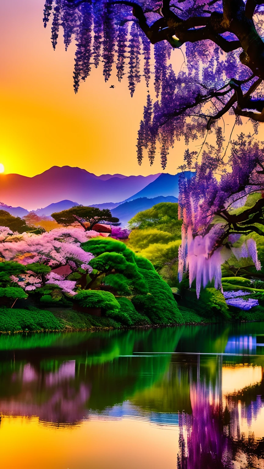 mdjrny-pprct, japanese architecture, Sakura, wisteria, Flower Garden, mountains and rivers, Clouds (high detial: 1.2)、the setting sun、Evening glow、morning glow