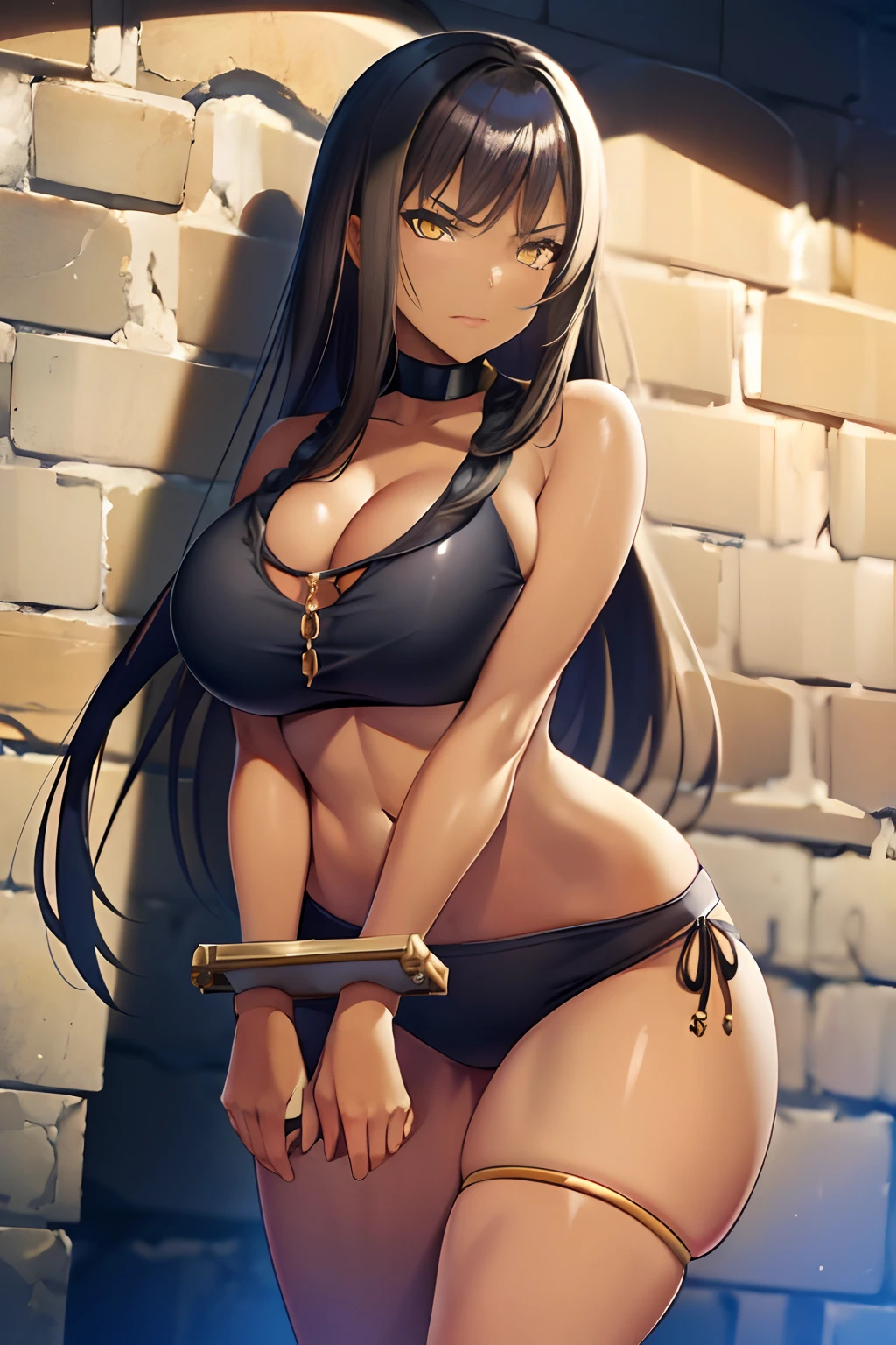 masterpiece, detailed, best quality, beautiful girl, school swimsuit, shackles, stocks, troubled face, dark dungeon, (prison), legend of queen opala, 1girl, osira (character), black hair, darkskinned female, yellow eyes, blunt bangs, big breasts, amused expression, looking at viewer