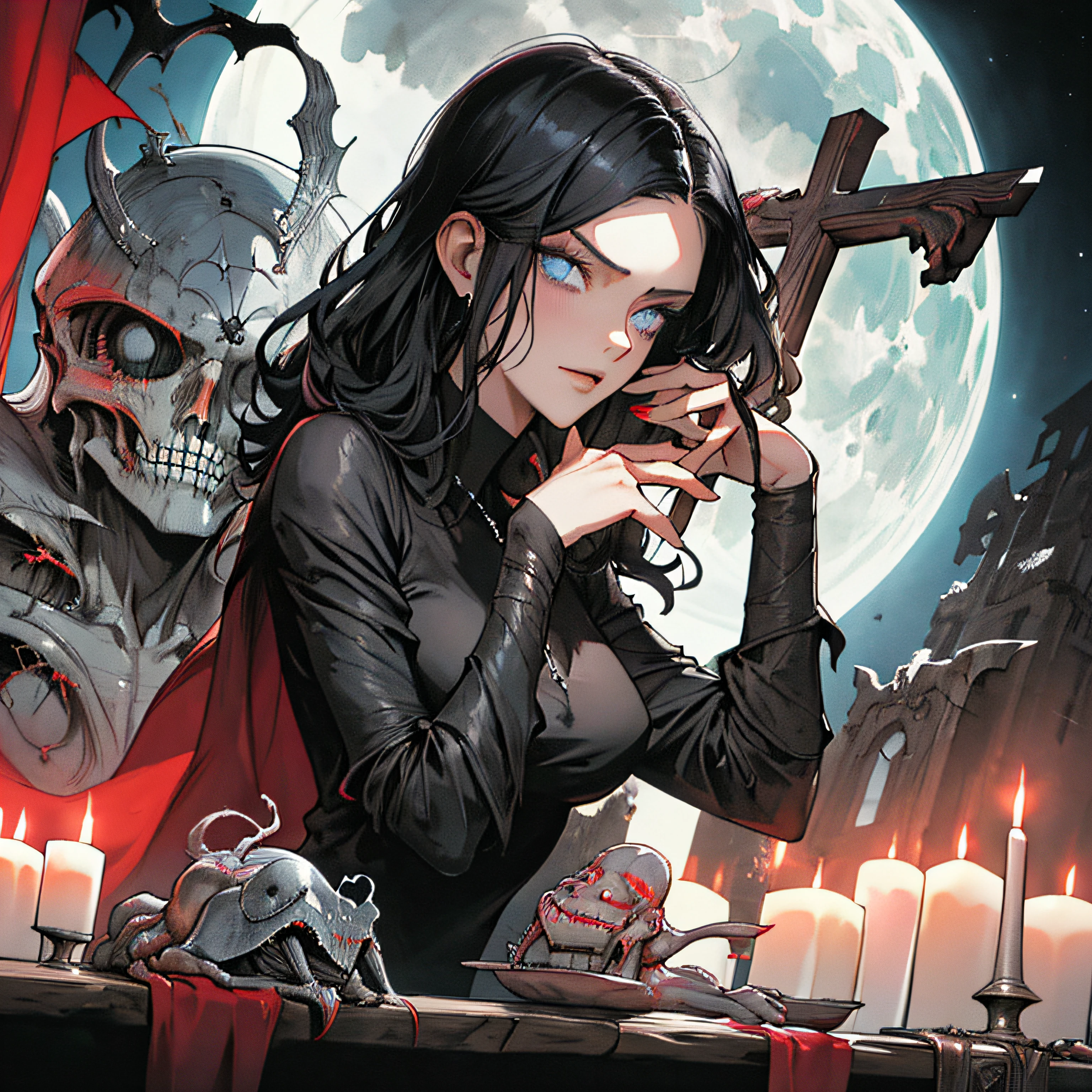 (masterpiece, best quality), 1lady, solo, (gothic), dream catcher, vampire, short black hair, loose waves, blue eyes, ,cute, (hg giger, art by hermann nitsch, beksinski, dariusz zawadzki, giger, Zdzislaw Beksinski), bed, candles, cross, skinny body, moon light, black shirt, night,