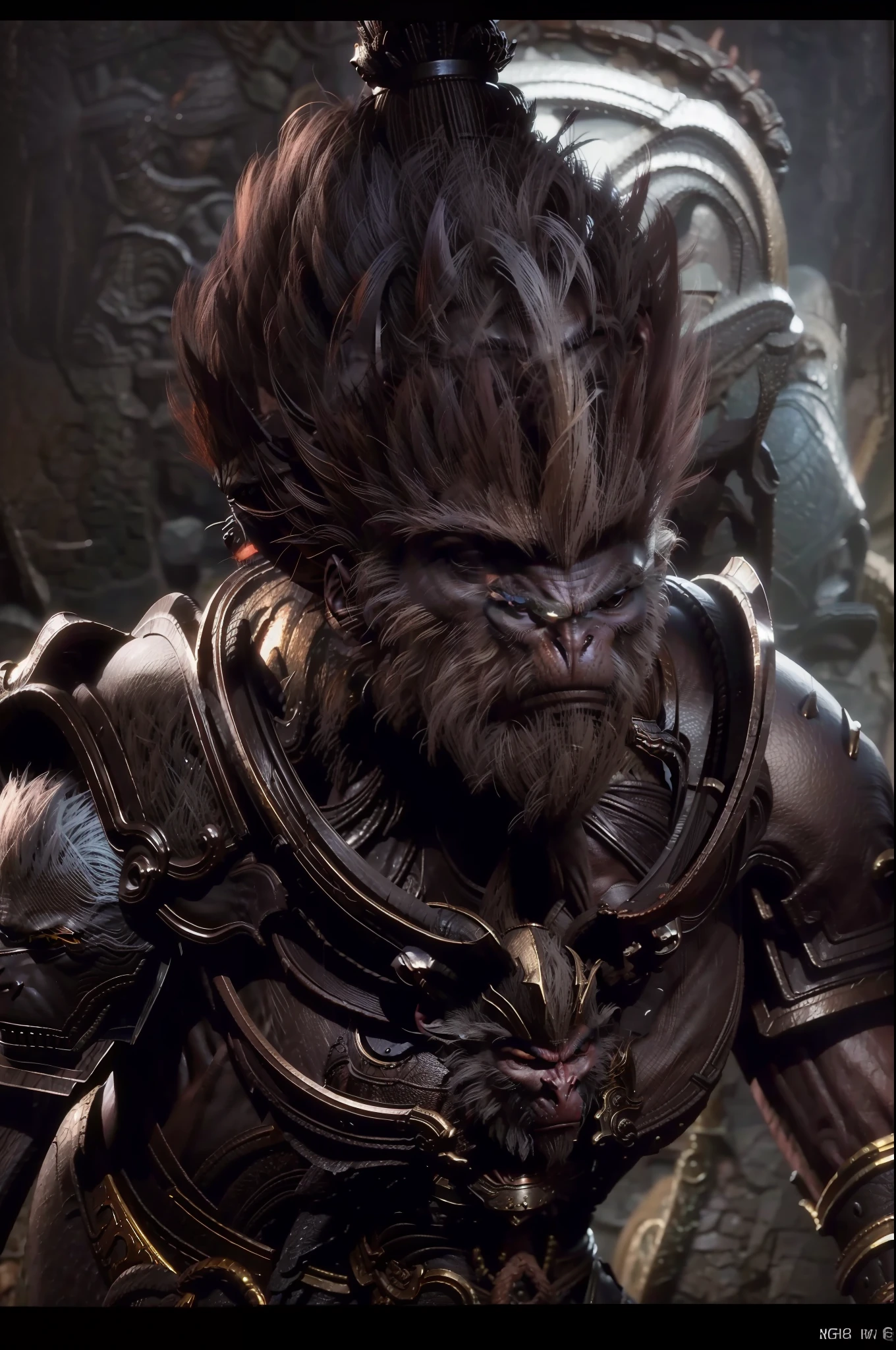Black myth Monkey King,Wear iron armor，Iron bar in hand，Mythological style，epic art style，Beast style， 8K，2 b