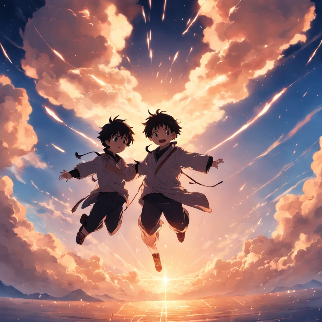 masterpiece, best quality, movie still, ((1boys)), cloud, floating in the sky, close-up, bright, happy, warm soft lighting, sunset, conductor, (sparks:0.7)