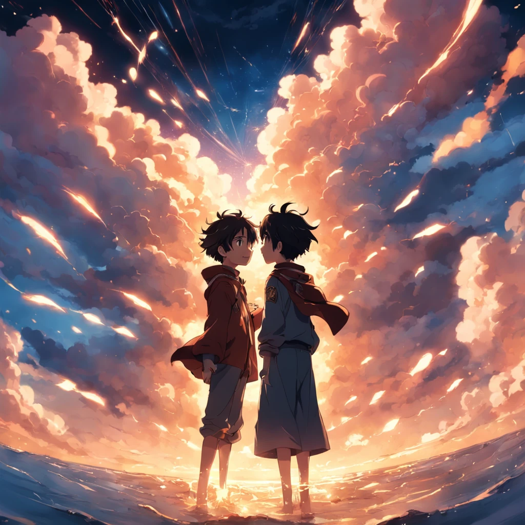 masterpiece, best quality, movie still, ((1boys)), cloud, floating in the sky, close-up, bright, happy, warm soft lighting, sunset, conductor, (sparks:0.7)