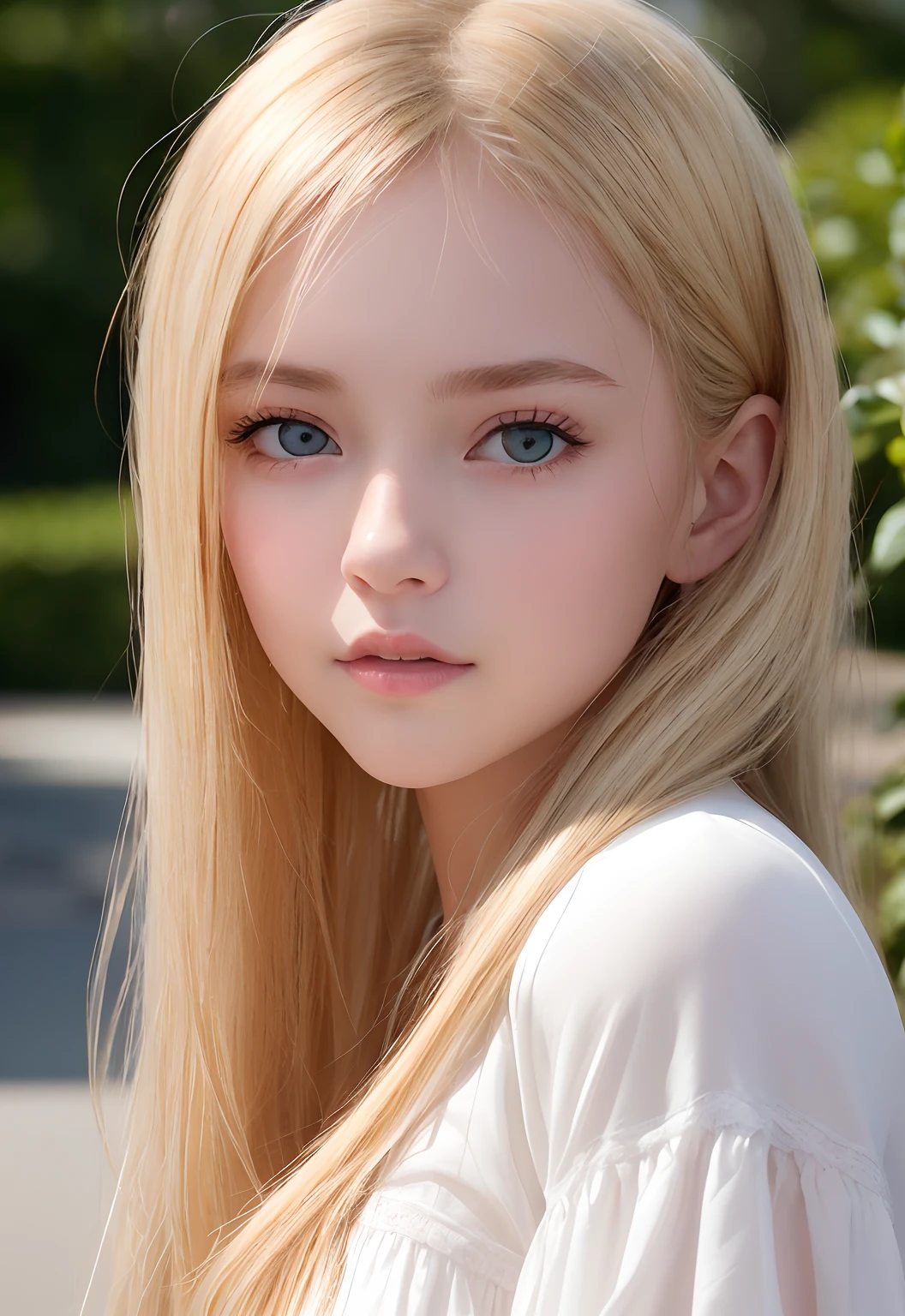 RAW Photography、(((Portrait of extreme beauty)))、((Glowing white skin))、女の子1人、18-year-old pretty beautiful girl in Prague、((Lustrous light natural blonde hair))、[blue eyess]、silky fine hair、stright long hair、eye liner、bangss、Hair between the eyes、Fluttering hair、A slight smil、((​masterpiece、top-quality、ultra-detailliert、Film Light、intricate-detail、hight resolution、8k、ighly detailed))、细致背景、8k uhd、Digital SLR、Soft Light、hightquality、Film Grain 、Shallow depth of field、natural soft light、（perfect hand）、Perfect beautiful face、Ruffled Clothes