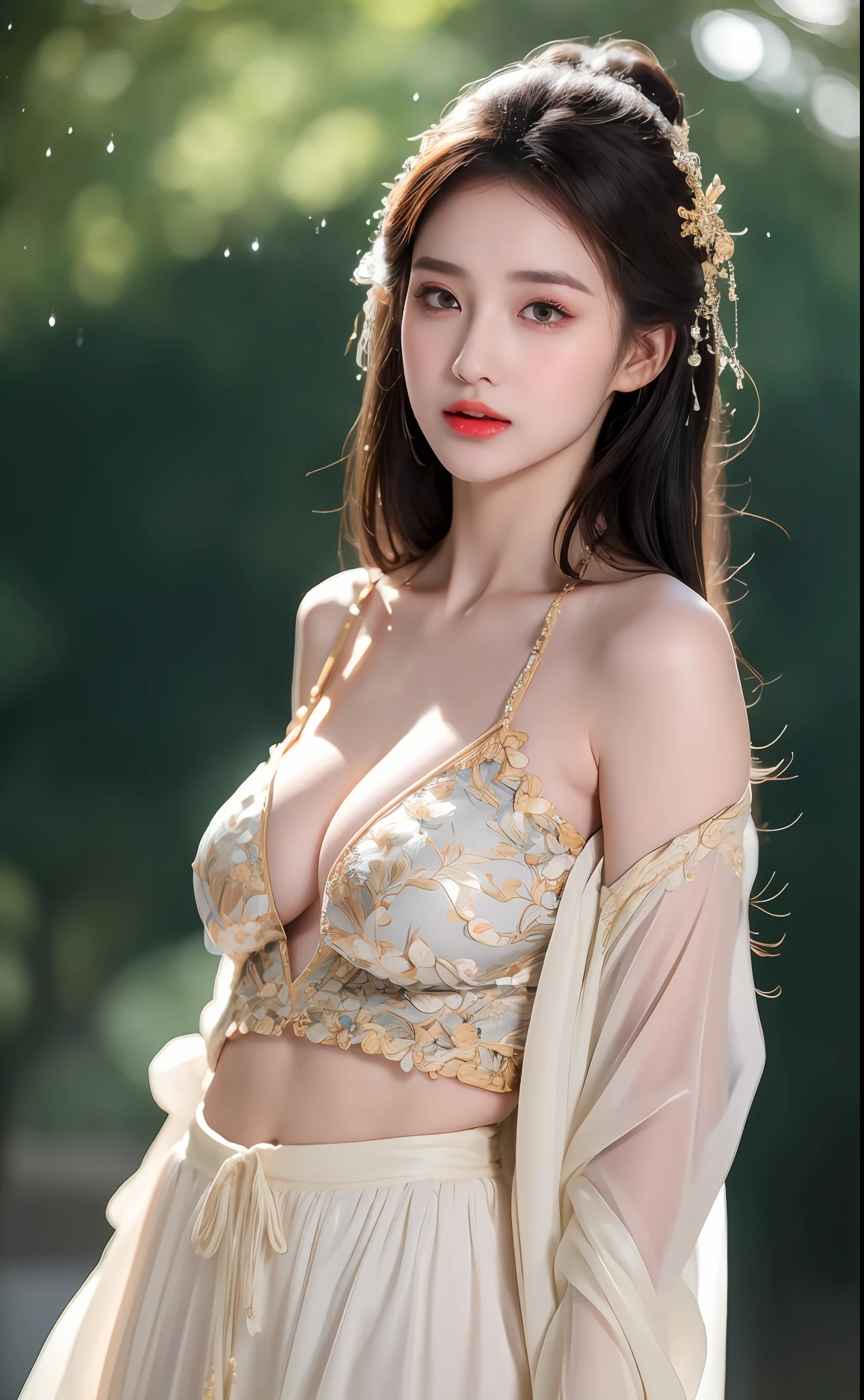 ((Best Quality, 8k, Masterpiece: 1.3)), Focus: 1.2, Perfect Body Beauty: 1.4, Buttocks: 1.2, ((Layered Haircut)), (Wet Clothes: 1.1), (Rain, Street:1.3), (Breasts: 1.2), (Hanfu: 1.2), Bare Shoulders, Bare Legs, Highly Detailed Face and Skin Texture, Fine Eyes, Double Eyelids, Whitened Skin, Long Hair, (Shut Up: 1.5), (Bokeh Background: 1.5), Big Breasts