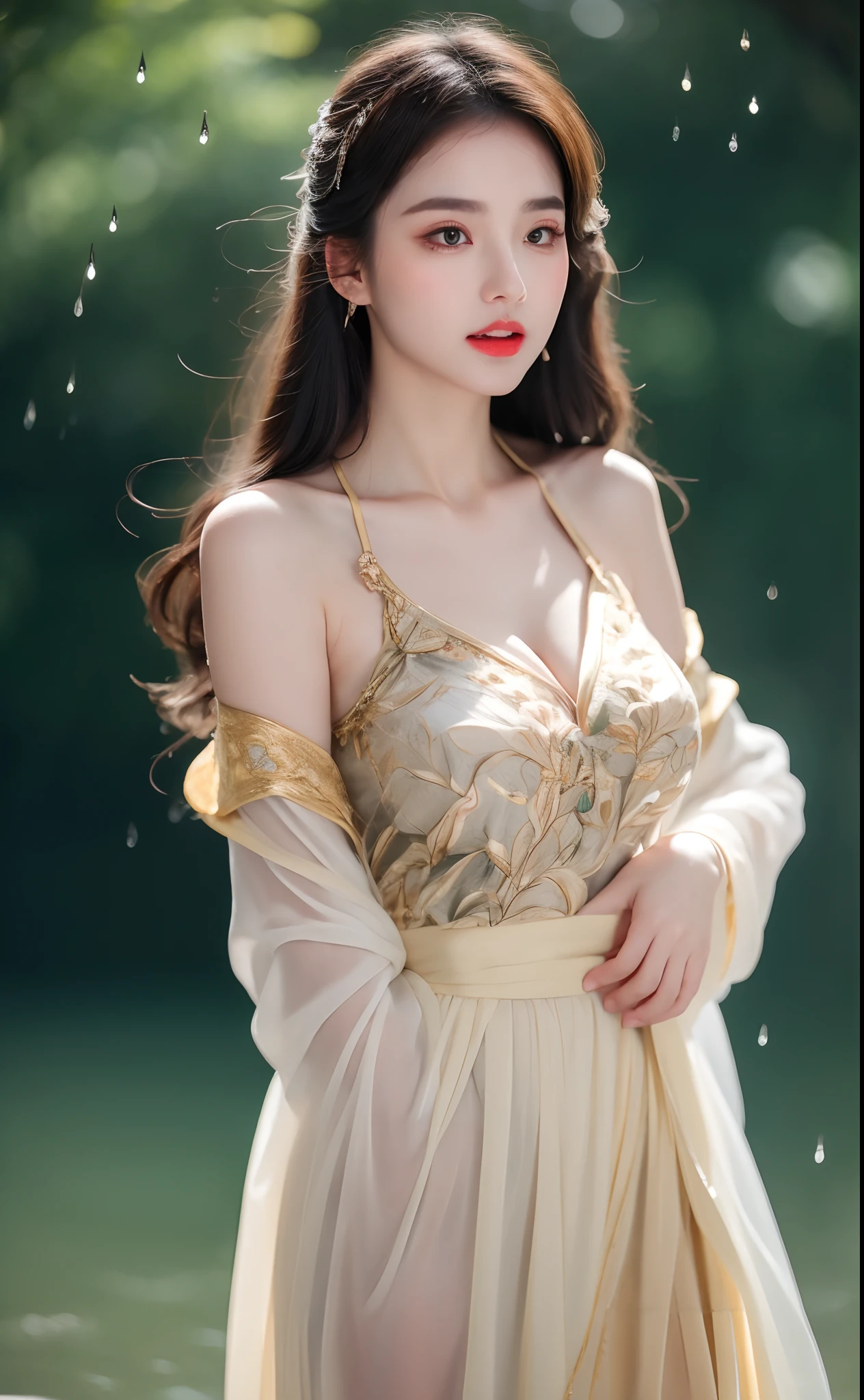 ((Best Quality, 8k, Masterpiece: 1.3)), Focus: 1.2, Perfect Body Beauty: 1.4, Buttocks: 1.2, ((Layered Haircut)), (Wet Clothes: 1.1), (Rain, Street:1.3), (Breasts: 1.2), (Hanfu: 1.2), Bare Shoulders, Bare Legs, Highly Detailed Face and Skin Texture, Fine Eyes, Double Eyelids, Whitened Skin, Long Hair, (Shut Up: 1.5), (Bokeh Background: 1.5), Big Breasts