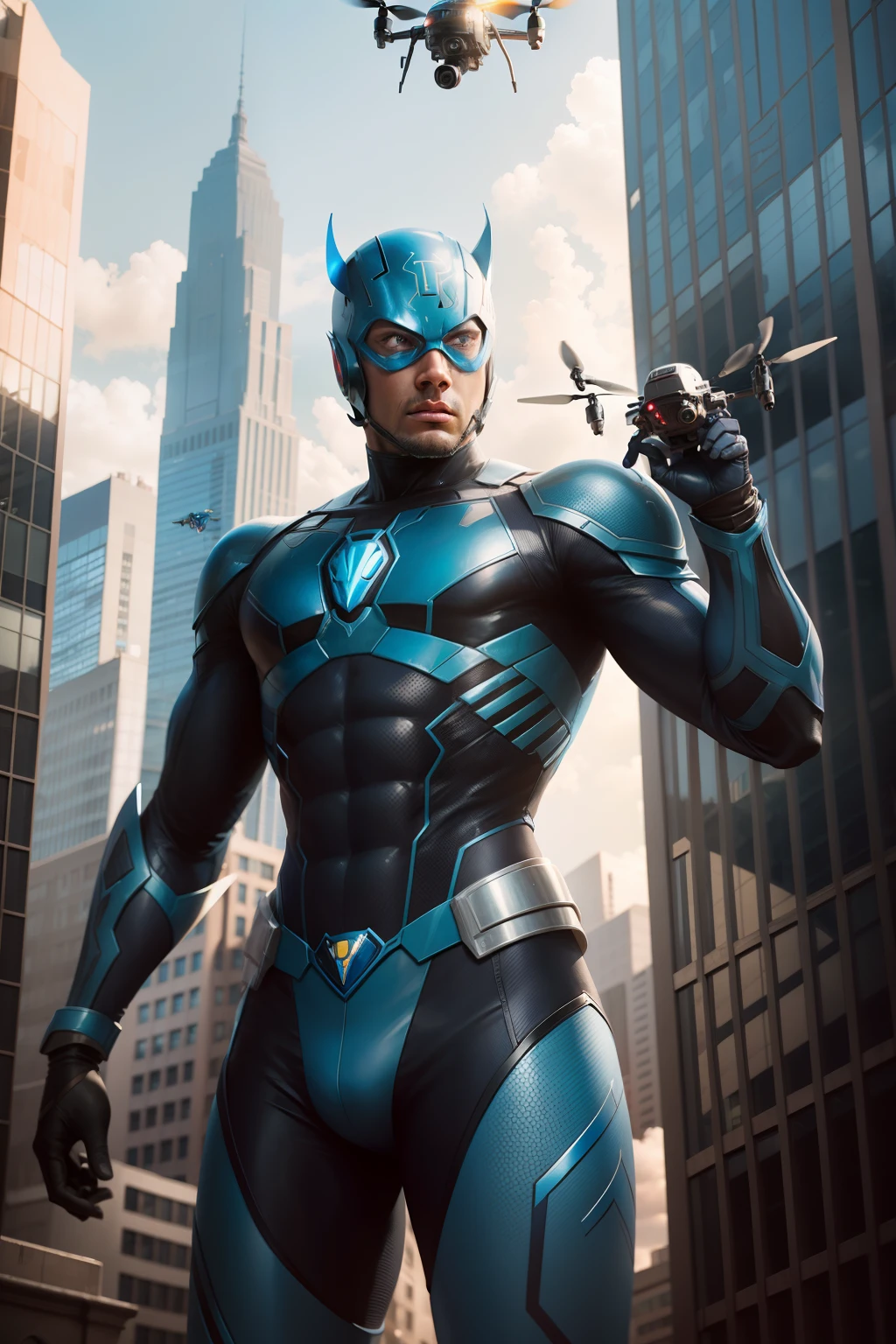 Blue Beetle marvel with Drone in the City