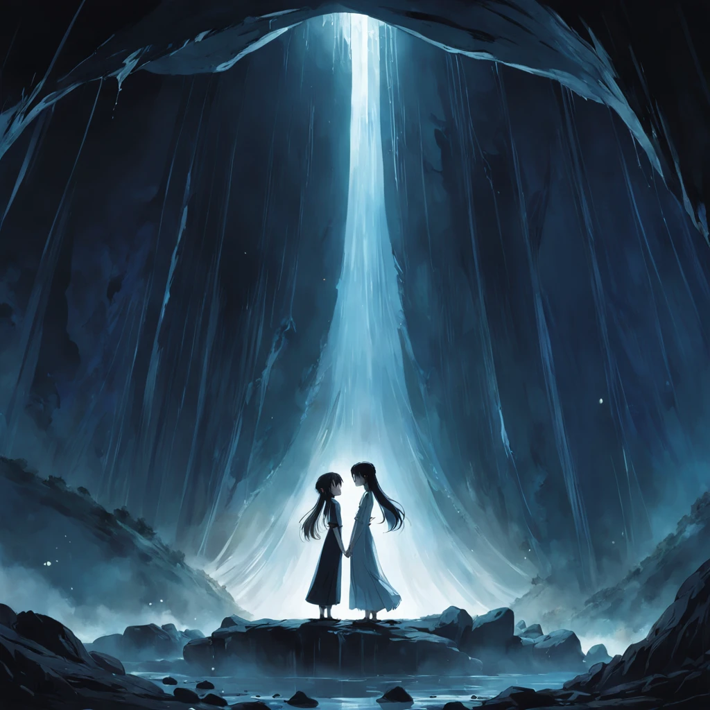 inside a cave，A tall, Slim woman in a long white classical tulle dress，bent down，The woman touched the face of the low black-clothed boy standing opposite，The boy in black looked up at the tall woman，The two stood very close。中景 the scene is。