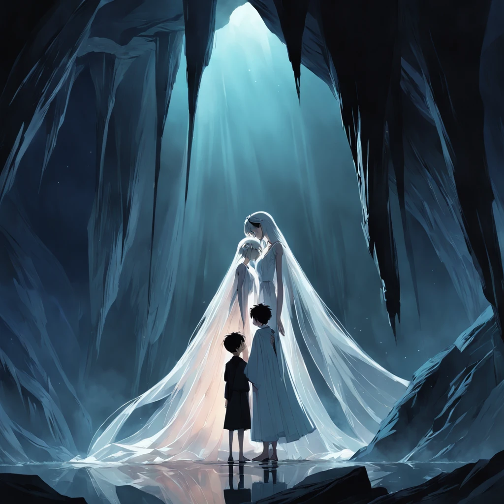 inside a cave,A tall, Slim woman in a long white classical tulle dress,bent down,The woman touched the face of the low black-clothed boy standing opposite,The boy in black looked up at the tall woman,The two stood very close。中景 the scene is。