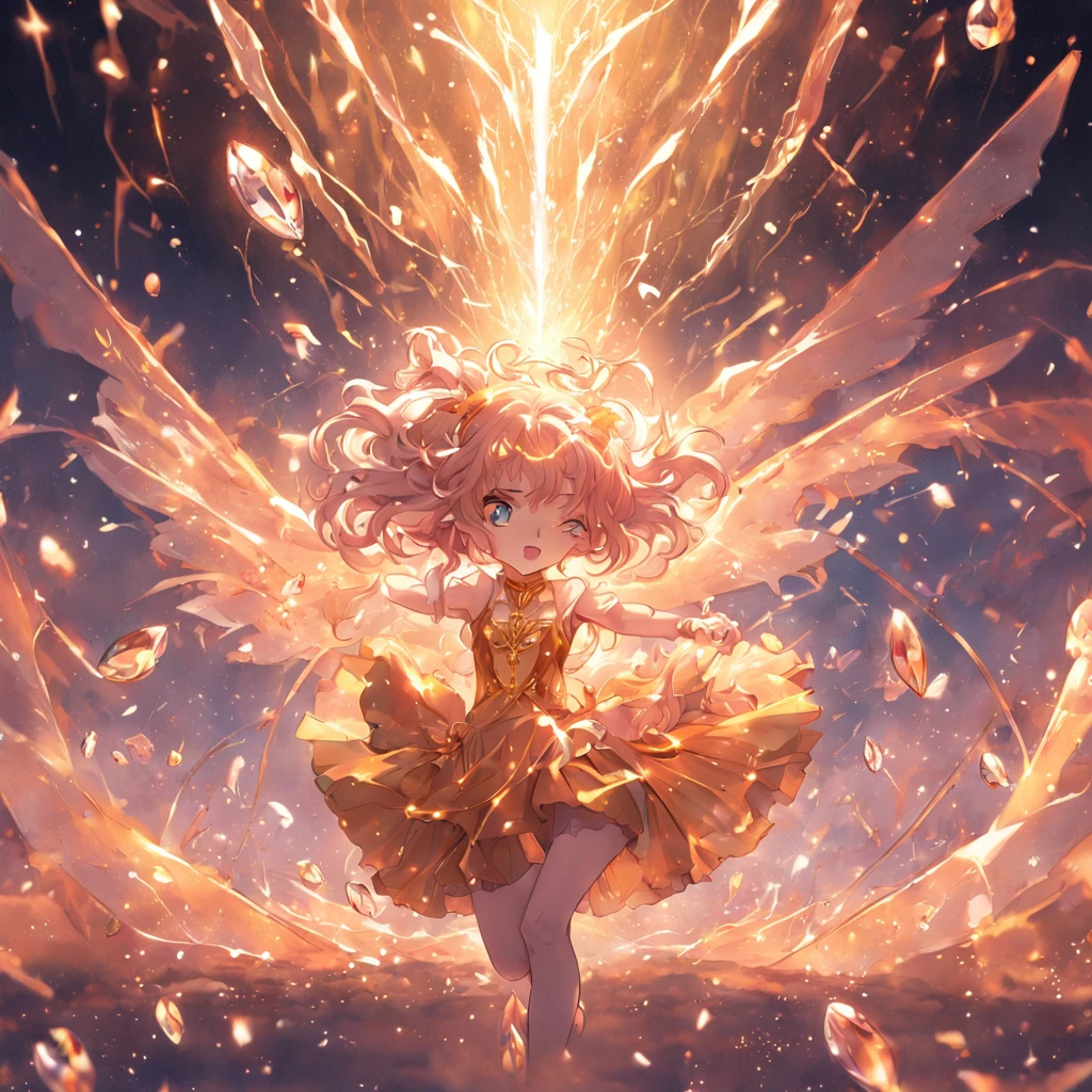 masterpiece, 4K wallpaper, cinematic light, absurd, trait 1 girl, amber hair, silver earrings, (small crystal float:0.6), crystal floating, particle glow, fantasy gold costume,