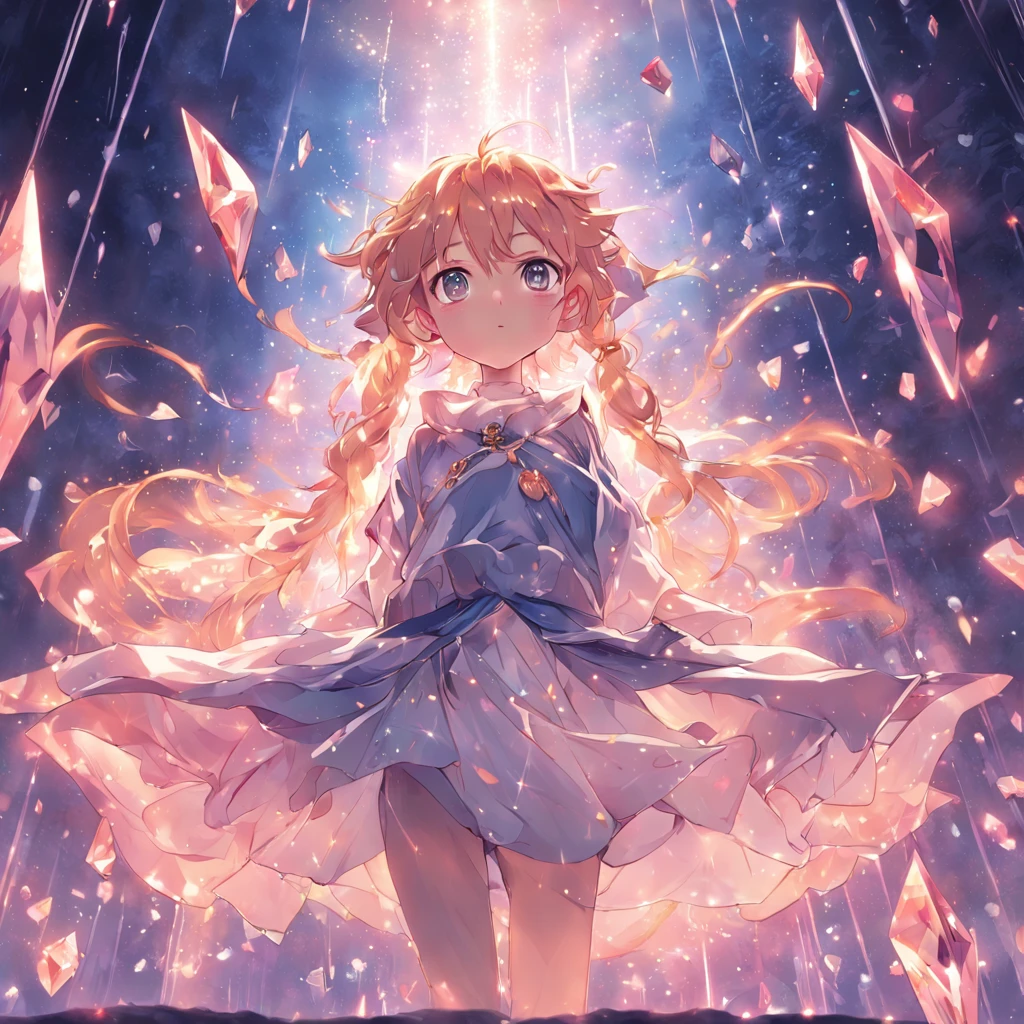 masterpiece, 4K wallpaper, cinematic light, absurd, trait 1 girl, amber hair, silver earrings, (small crystal float:0.6), crystal floating, particle glow, fantasy gold costume,