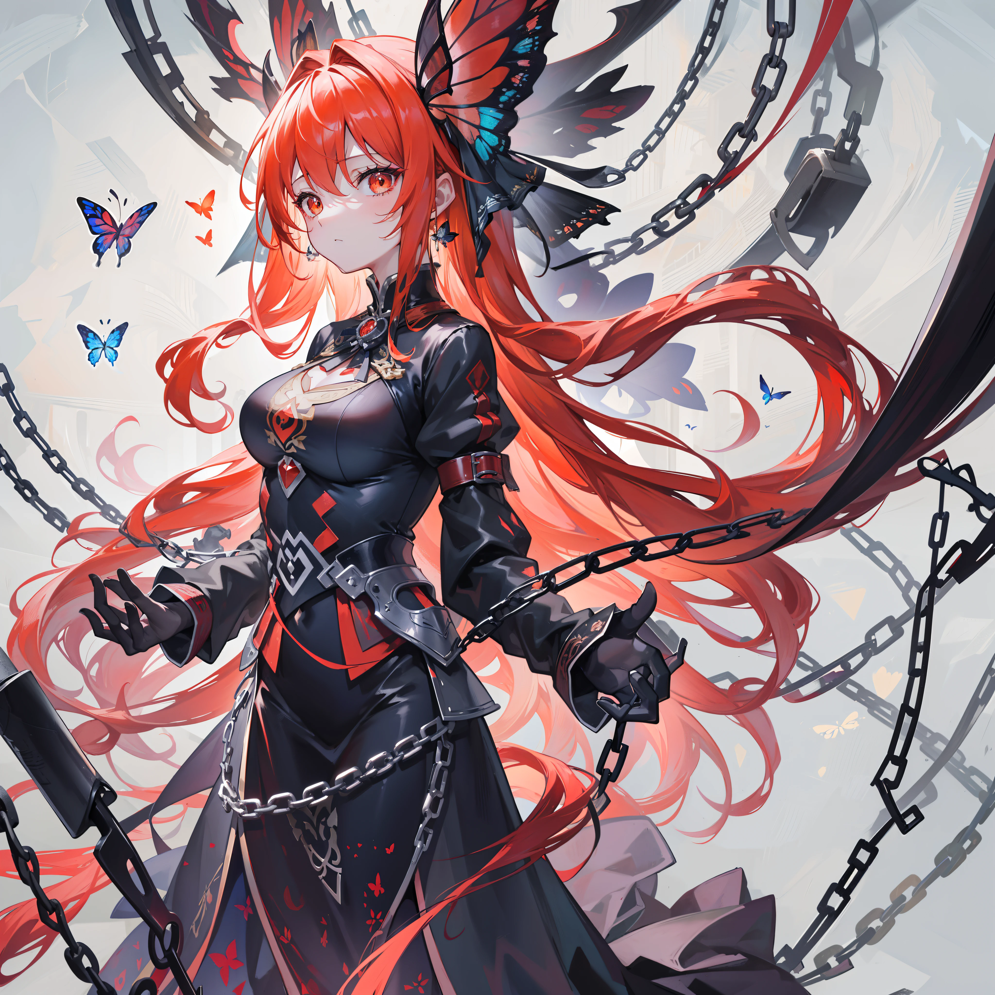 ((ultra - detailed)),((illustration)),((tmasterpiece)),(((Need))),((美丽细致的眼睛)),(the Extremely Detailed CG Unity 8K Wallpapers,best qualtiy,tmasterpiece),((4K,tmasterpiece,best qualtiy)),Mature woman with orange hair,Hands and neck are tied by chains,Black clothes are tight,The ankles are tied by chains,Standing prayer position,blood in face,Burning red chain,There is a love sign on the back of the hand,blacksilk,Hallucinogenic butterflies,Barefoot,The demons,Miserable white skin,Whole body diagram
