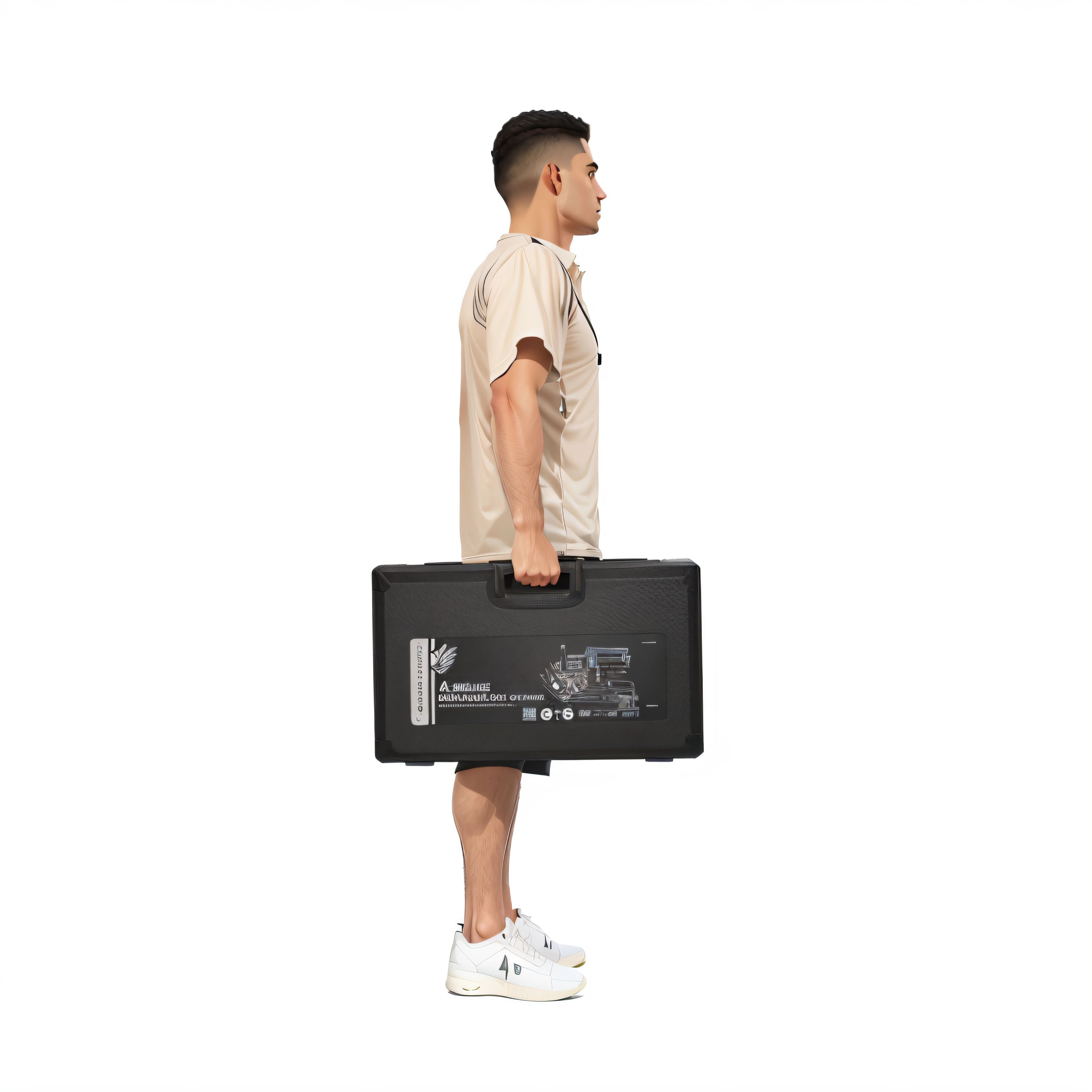 The Arafed man held a briefcase,There is a laptop inside, he is carrying a black briefcase, carrying two barbells, delivering parsel box, set against a white background, carrying a tray, full body wide shot, holding a briefcase, ultra-realistic realism, Full-body, centered full body rear-shot, full bodyesbian, full body profile camera shot