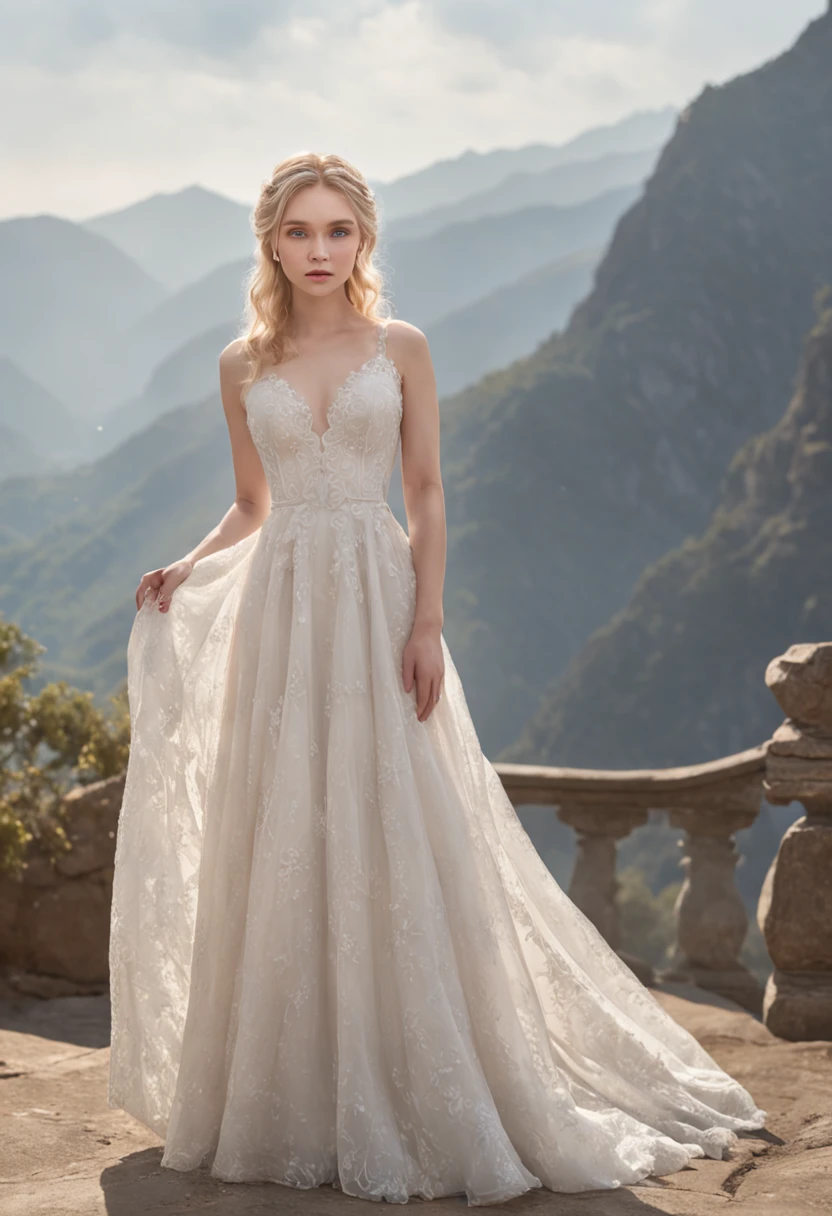 1 beautiful girl, full body, standing photo, white wedding dress, soft dress, stand in front of a mountain with snow peaking, blond hair, blue eyes, wavy hair, masterpiece, diffuse soft film lighting, portrait, best quality (perfect face:1.4), ultra-realistic highly detailed intricate realistic simulation style photo sharply focused on eyes, cinematic lighting, studio shot, gorgeous pose