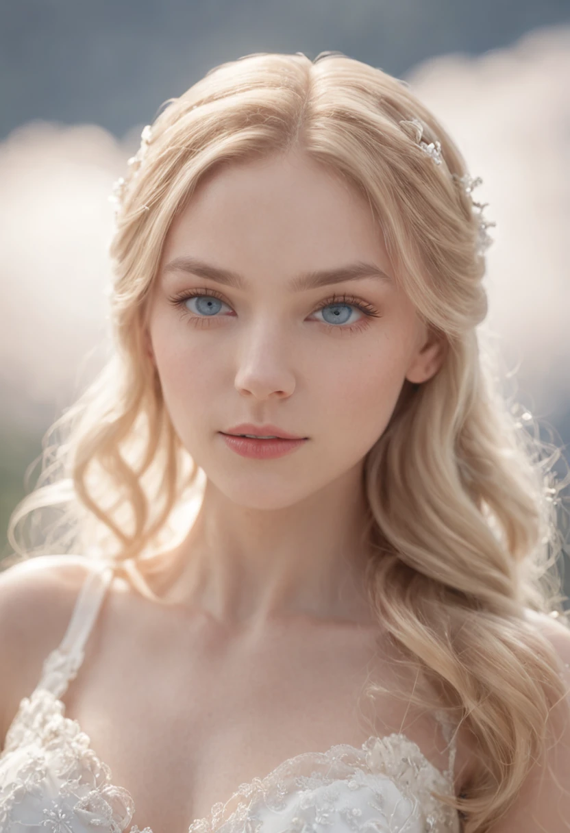 1 beautiful girl, full body, standing photo, white wedding dress, soft dress, stand in front of a mountain with snow peaking, blond hair, blue eyes, wavy hair, masterpiece, diffuse soft film lighting, portrait, best quality (perfect face:1.4), ultra-realistic highly detailed intricate realistic simulation style photo sharply focused on eyes, cinematic lighting, studio shot, gorgeous pose