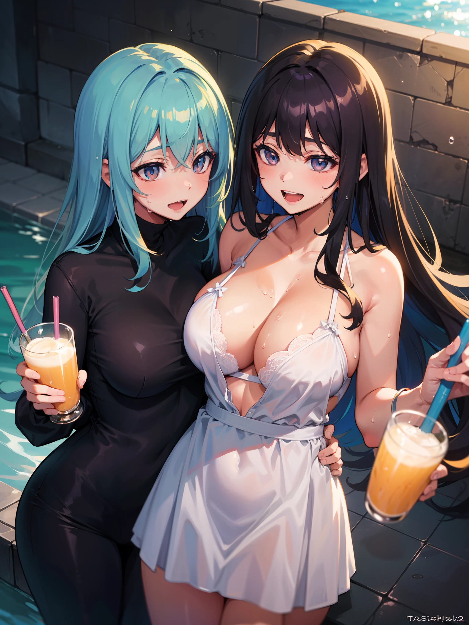 (masterpiece, best quality:1.3), 3 womans, large breasts, tasset lingerie, female idol girls, cuddle couple, drinking, many hair styles, colored hair, colored eyes, smile, half-open mouth, pretentious face, standing, sweat, wet,