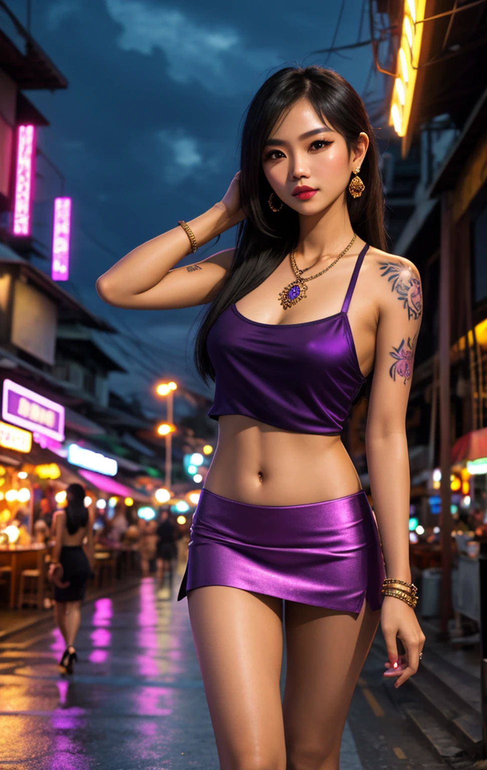 beautiful thai hooker ,loose top, ,black  hair,straight long hair , bangkok, street,,  dark clouds,toned fit body, short stature,lights, refelctions, night view, wet ground, (pink violet top) ,  low contrast,tanktop, ,silk mini skirt,very skinny, slim girl,   hair tied back,full arm tattoo,walking , chest tattoo, open bars, street food, medium breasts, jewellery, detailed face, exclusive clothing,,,high heels