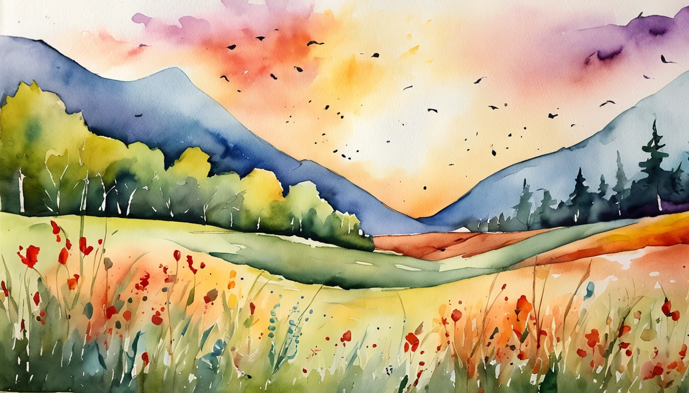 Watercolor ink painting, Color Field painting, Color Field painting, Art Deco, Minimalism, Contemporary art, Abstract expressionism, Ghibli-like colours, Hyperrealism, Abstractionism, cinematic lighting, vanishing point, UHD, high details