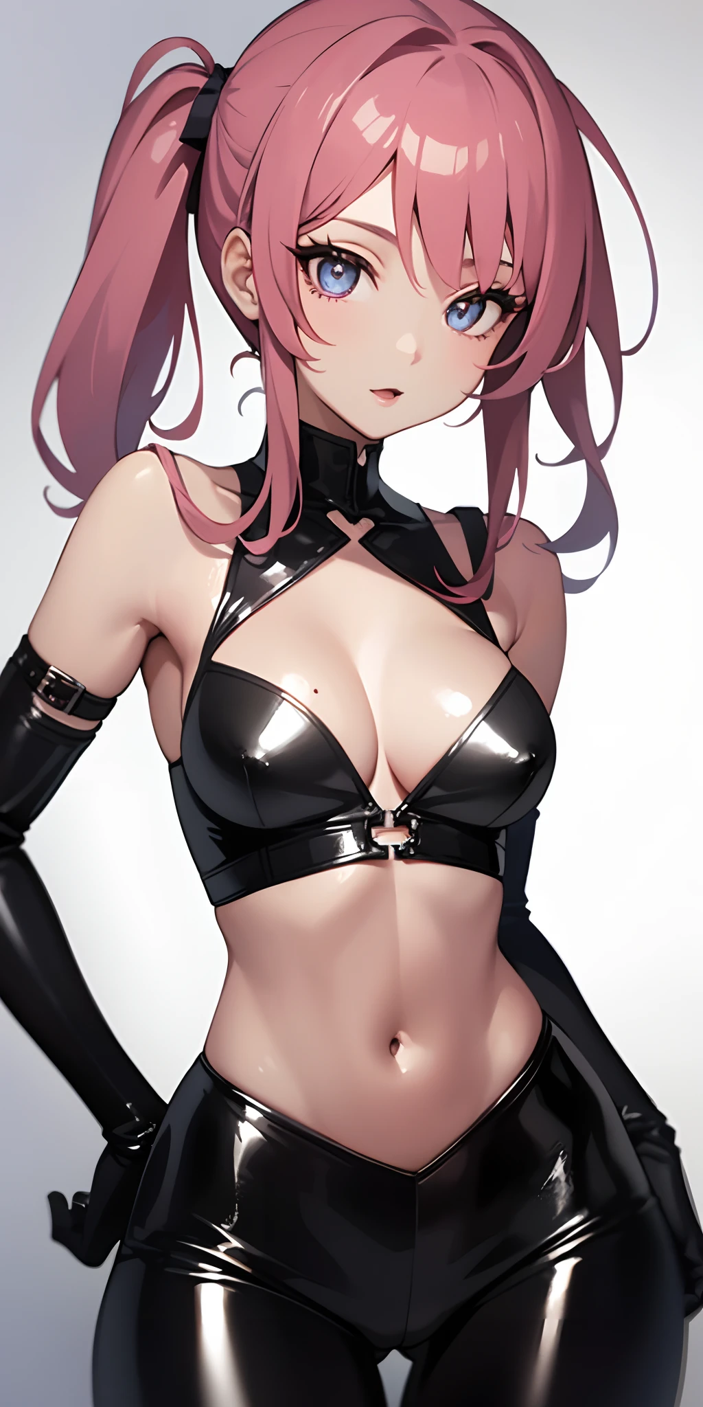 1girl, anime, cute girl, rogue, blank background, white background, fantasy, very detailed dark leather fantasy outfit with highlights, beautiful face, beautiful eyes, dark colors, assassin, , slight cleavage, beautiful skin, cute, pink hair,  curtains, extremely delicate and beautiful, (beautiful detailed face:1.0), (detailed deep eyes), symmetrical , deep eyes, steam, shiny skin, portrait, slender waist,  wider than shoulders, thighs