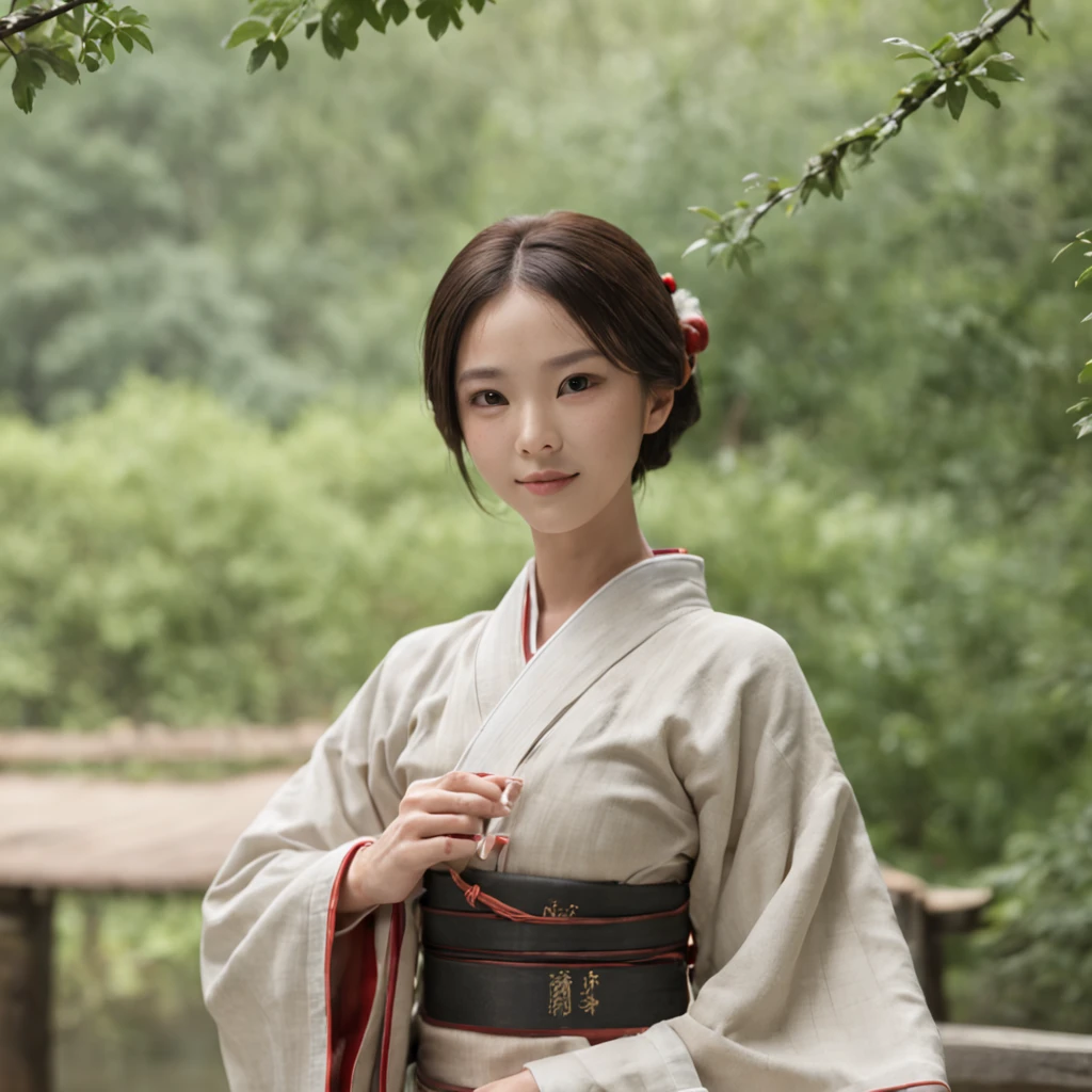 (masterpiece),best quality,good anatomy, shuimobysim,(1 girl:1), (upper body),(smile),short hair,(hanfu),(ecchi0.5), (trees:0.5), (flowers:0.6) ,(wooden house:0.2),(bamboo forest:0.2),(creek:0.2),(river:0.2),