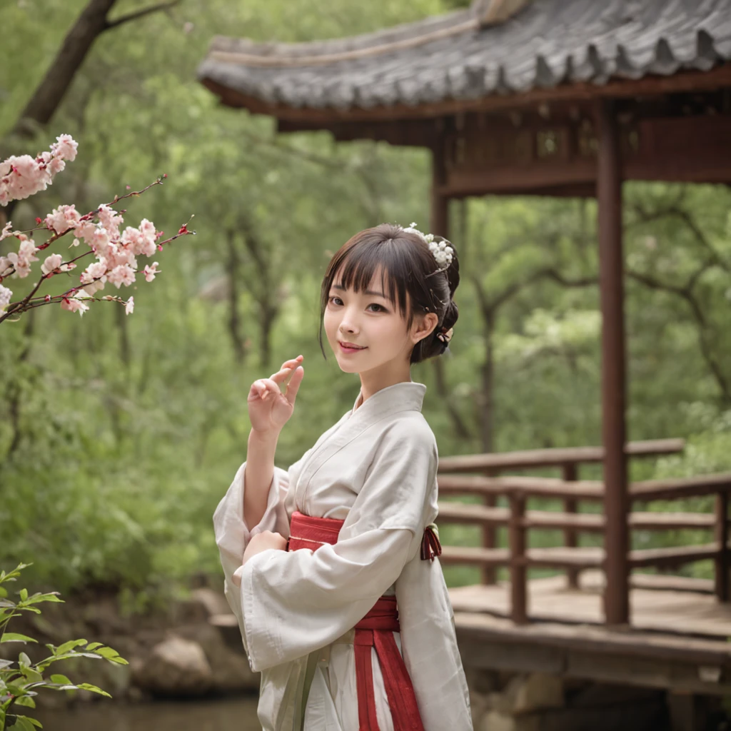 (masterpiece),best quality,good anatomy, shuimobysim,(1 girl:1), (upper body),(smile),short hair,(hanfu),(ecchi0.5), (trees:0.5), (flowers:0.6) ,(wooden house:0.2),(bamboo forest:0.2),(creek:0.2),(river:0.2),