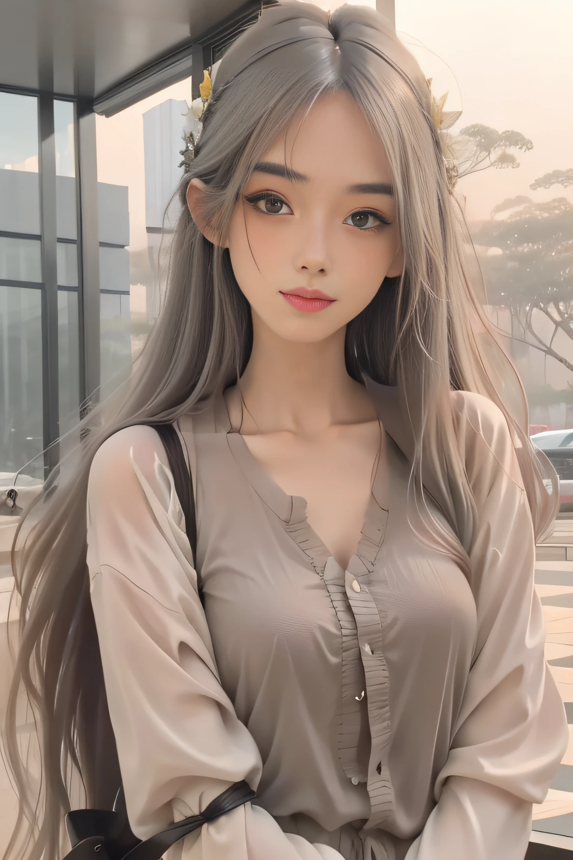 Girl with long straight gray hair,tall and lanky skinny,Sadly eyes,nomake-up,The image is close to the real person,Clean and elegant lotus flowers in the background