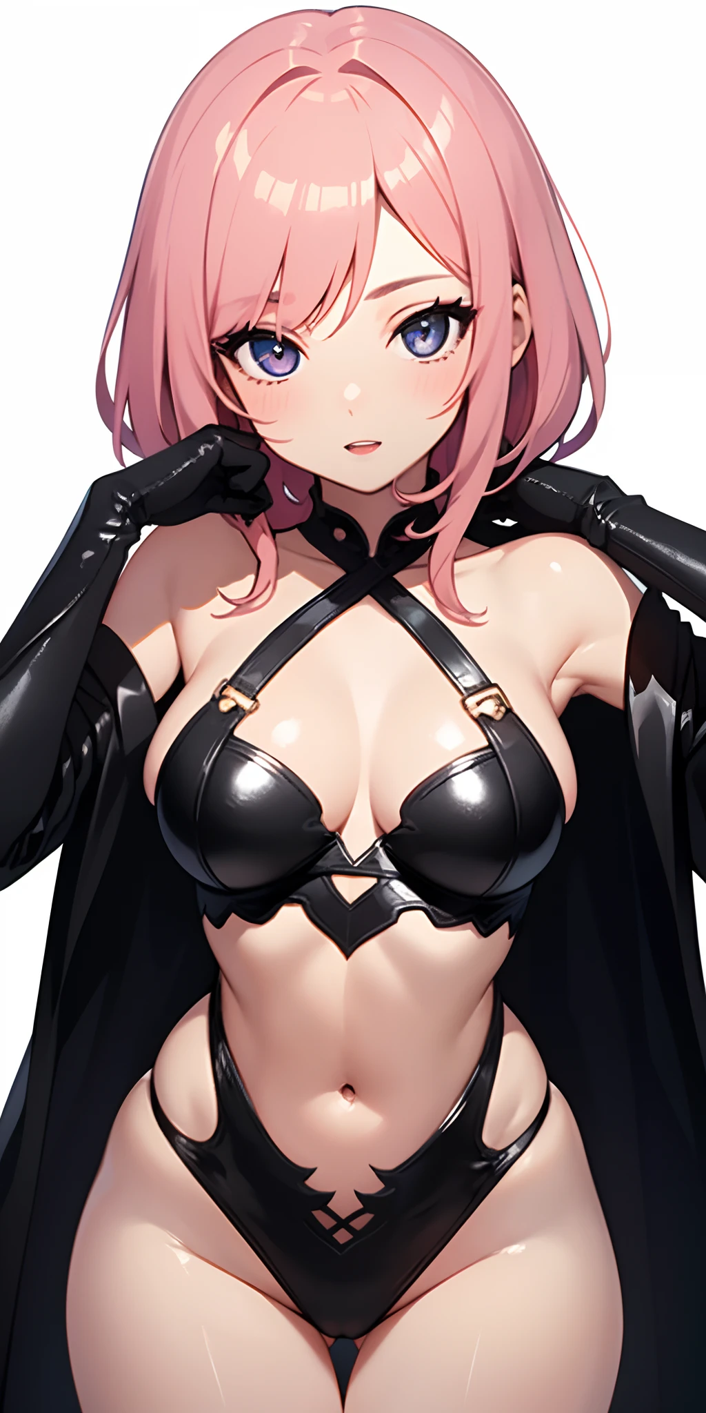1girl, anime, cute girl, rogue, blank background, white background, fantasy, very detailed dark leather fantasy outfit with highlights, beautiful face, beautiful eyes, dark colors, assassin, medium breasts, slight cleavage, beautiful skin, cute, pink hair, breast curtains, extremely delicate and beautiful, (beautiful detailed face:1.0), (detailed deep eyes), symmetrical breasts, deep eyes, steam, shiny skin, portrait, slender waist, hips wider than shoulders, thighs