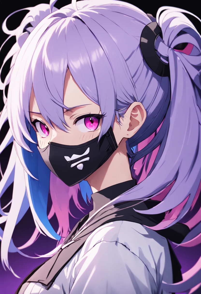 anime character with purple hair and a black mask with a purple and black background, discord profile picture, profile picture 1024px, art cover, ((oversaturated)), by Kanbun Master, digital art from danganronpa, tumblr, r - mk, symmetrical portrait rpg avatar, official artwork hdr, fvckrender